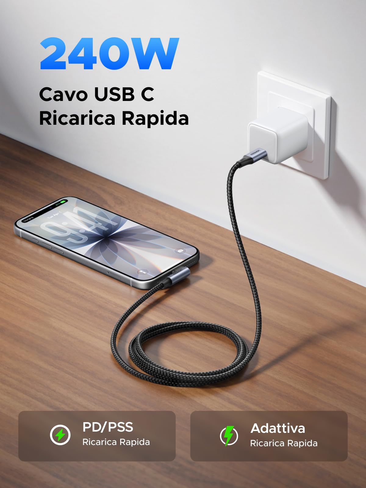 UGREEN Cavo USB C 240W 2M, Type C Carica Rapida PD3.1 90 Gradi, Compatibile con Macbook iPad iPhone 17 Pro Max Air/iPhone 16/15 Plus Pro MAX, Galaxy S25 S24 S23 S22, Pixel 10 9 8 ecc.