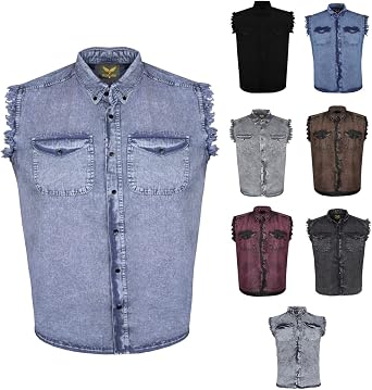 Mens Bikers Sleeveless Button Front Cotton Shirt Stonewash W/Chest Pockets Frayed Sleeves 9 Colors Option