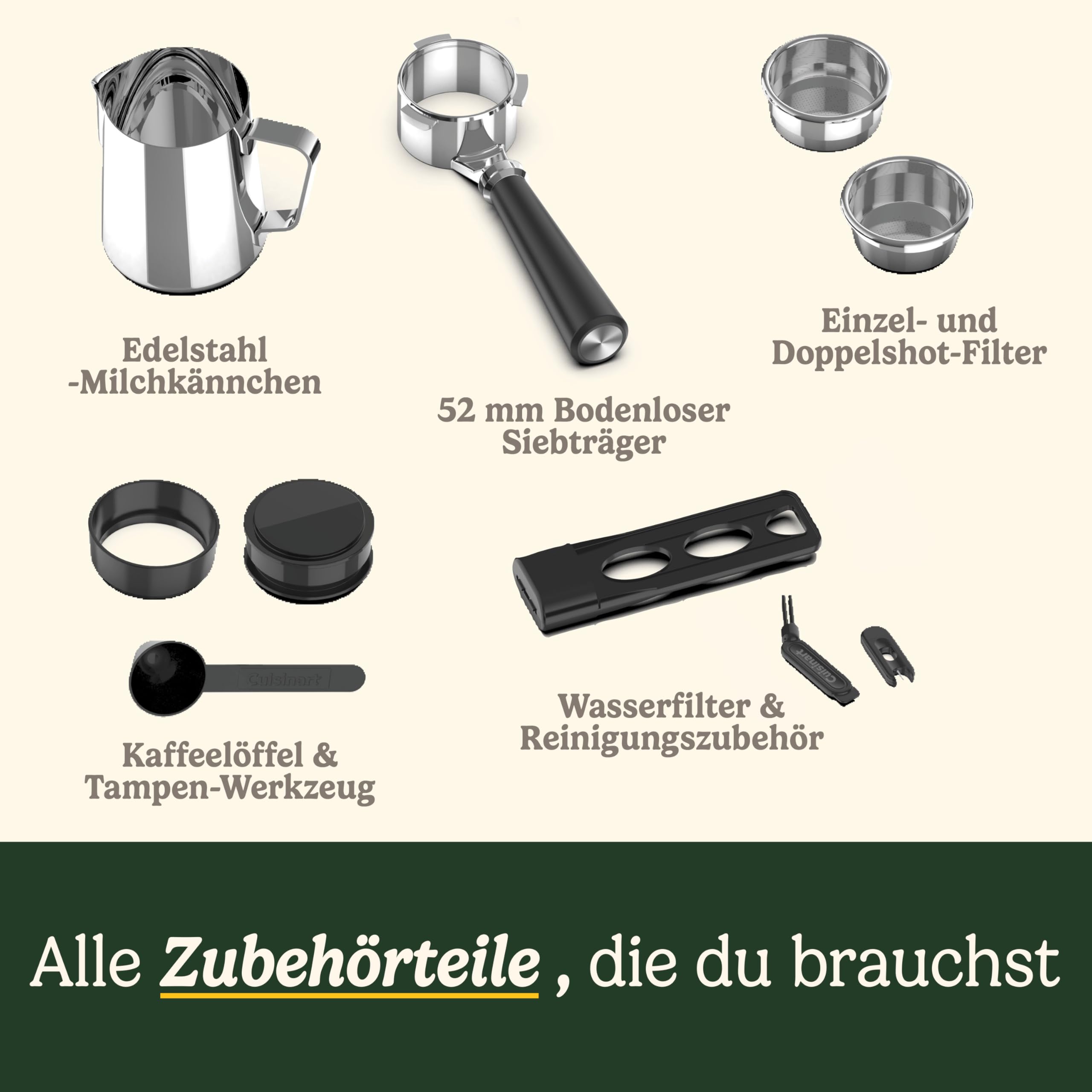 Cuisinart Slim Kaffeemaschine | Espresso, Americano, Cold Brew | Integrierter Milchaufschäumer | 15 Bar | Siebträger ohne Boden | kompakt | Reisebecher | 1,5L Tank, Edelstahl Slim