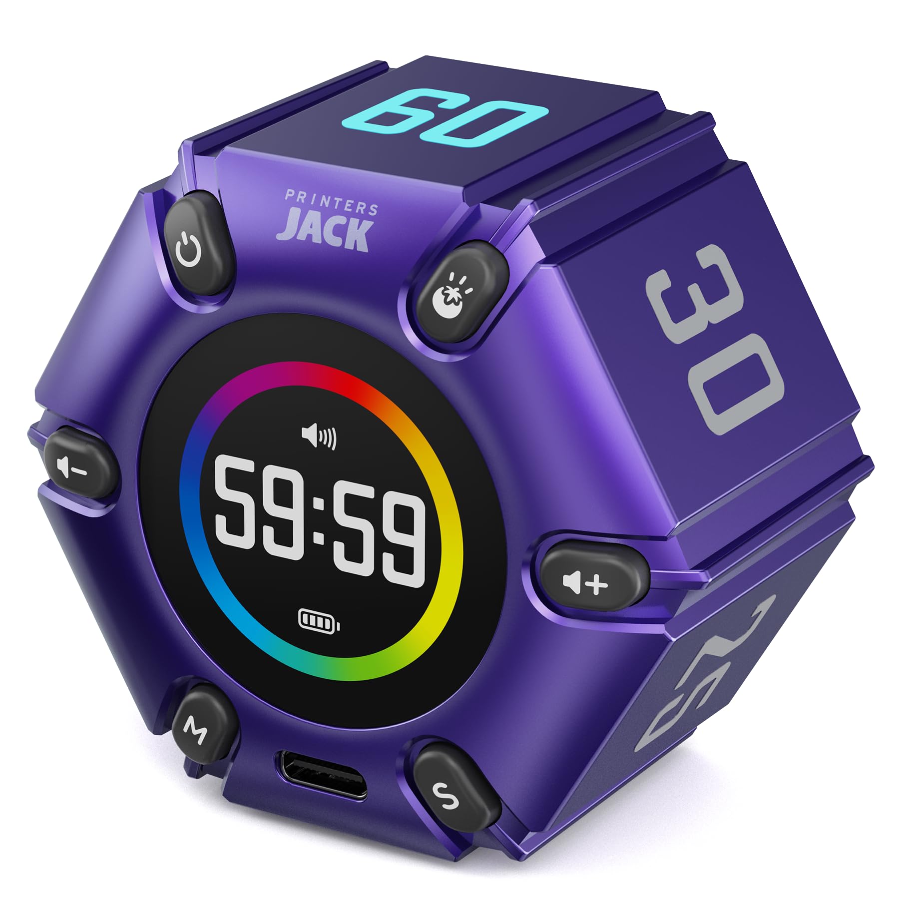 Printers Jack, Productivity Cube Timer, Visual Pomodoro Timer, Mute & Vibration & Adjustable Sound Alert, ADHD, for Office, Study, Work, 3/5/10/25/30/