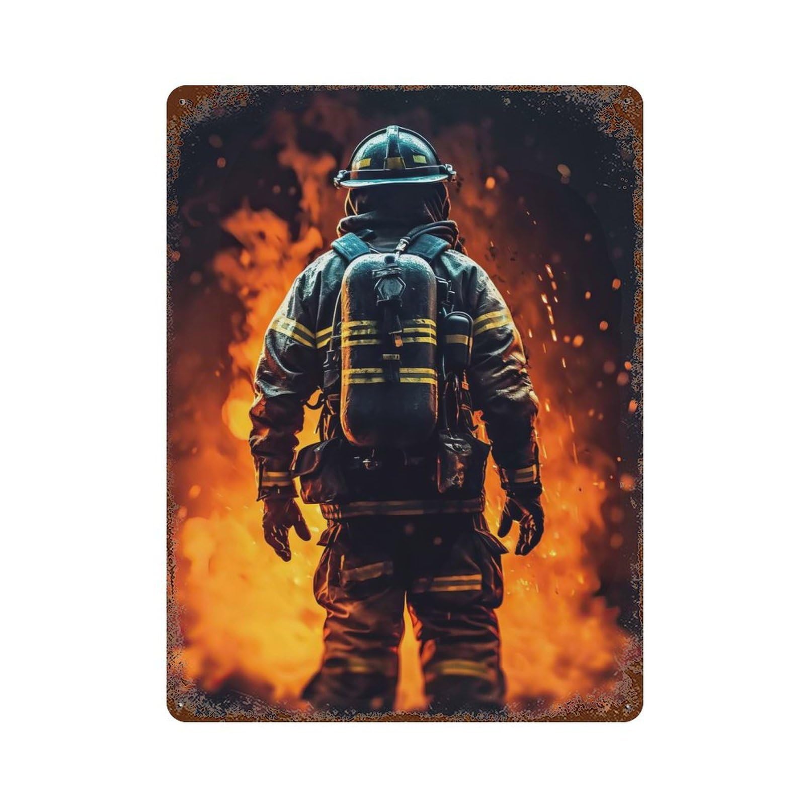 Aged Metal Wall Plaque with Firefighter Cool Design 15.7"x11.8", for Cafe, Home Bar And Lounge Decor, Novelty Wall Decor