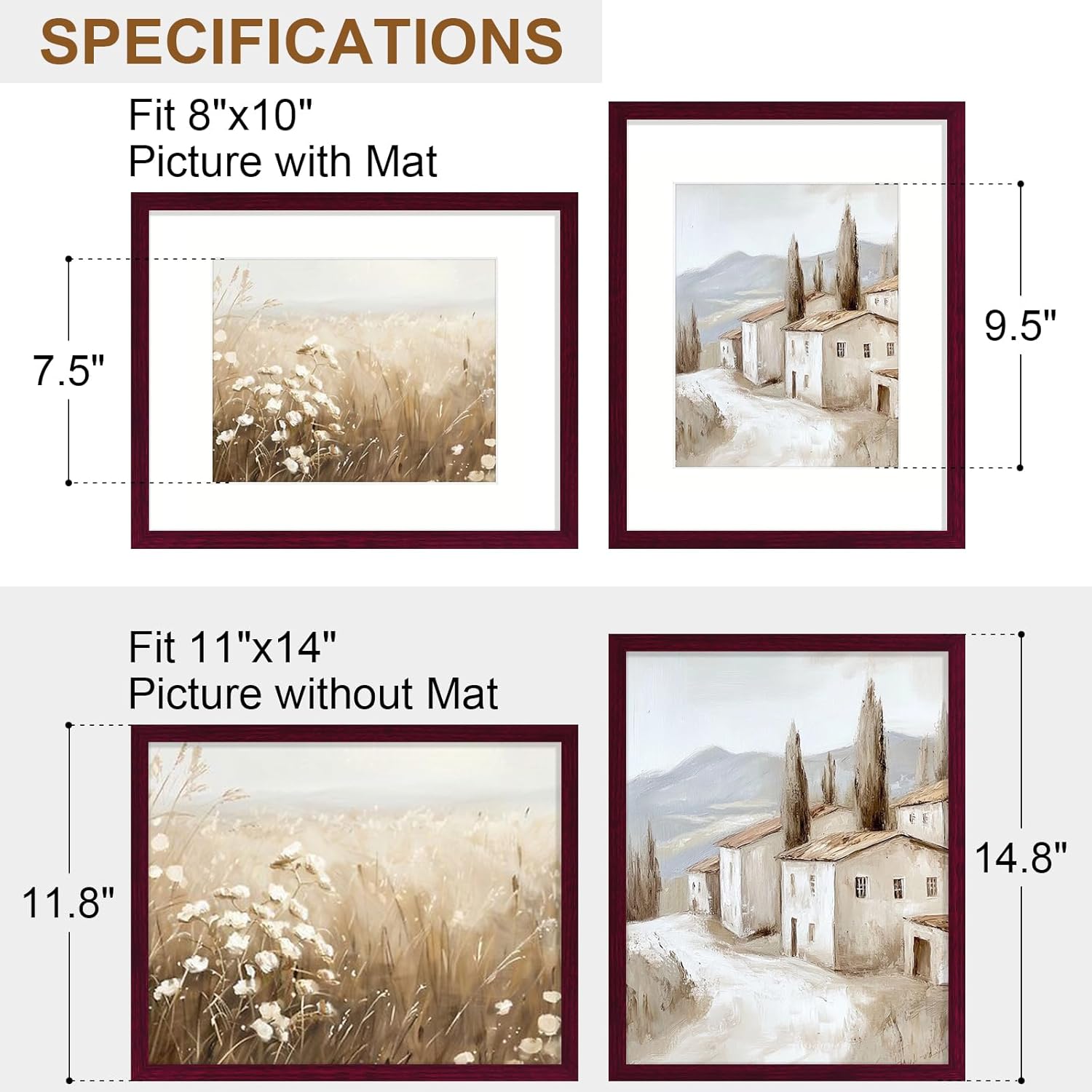 Vittanly 11x14 Picture Frame Set of 2, Solid Wood Frame for Wall Art Photo and Prints, Display Photo 8x10 with Mat or 11x14 without Mat, Cherry Red