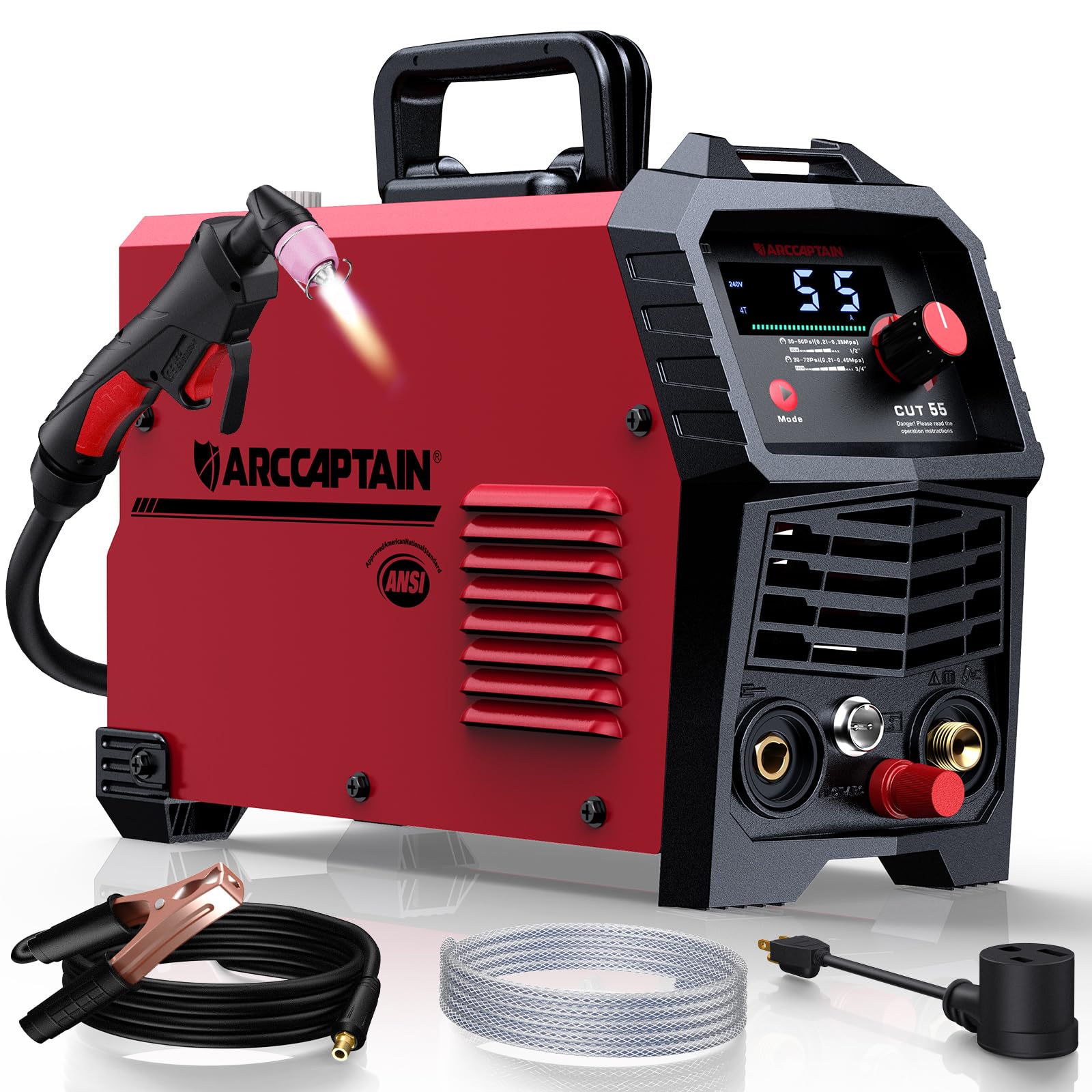 ARCCAPTAIN 55A Plasma Cutter, Large LED Display, Non-Touch Pilot ARC Plasma Cutting Machine, 110/220V Dual Voltage IGBT Inverter, 1/2" Clean Cut, Post Flow, 2T/4T, for Beginners DIY