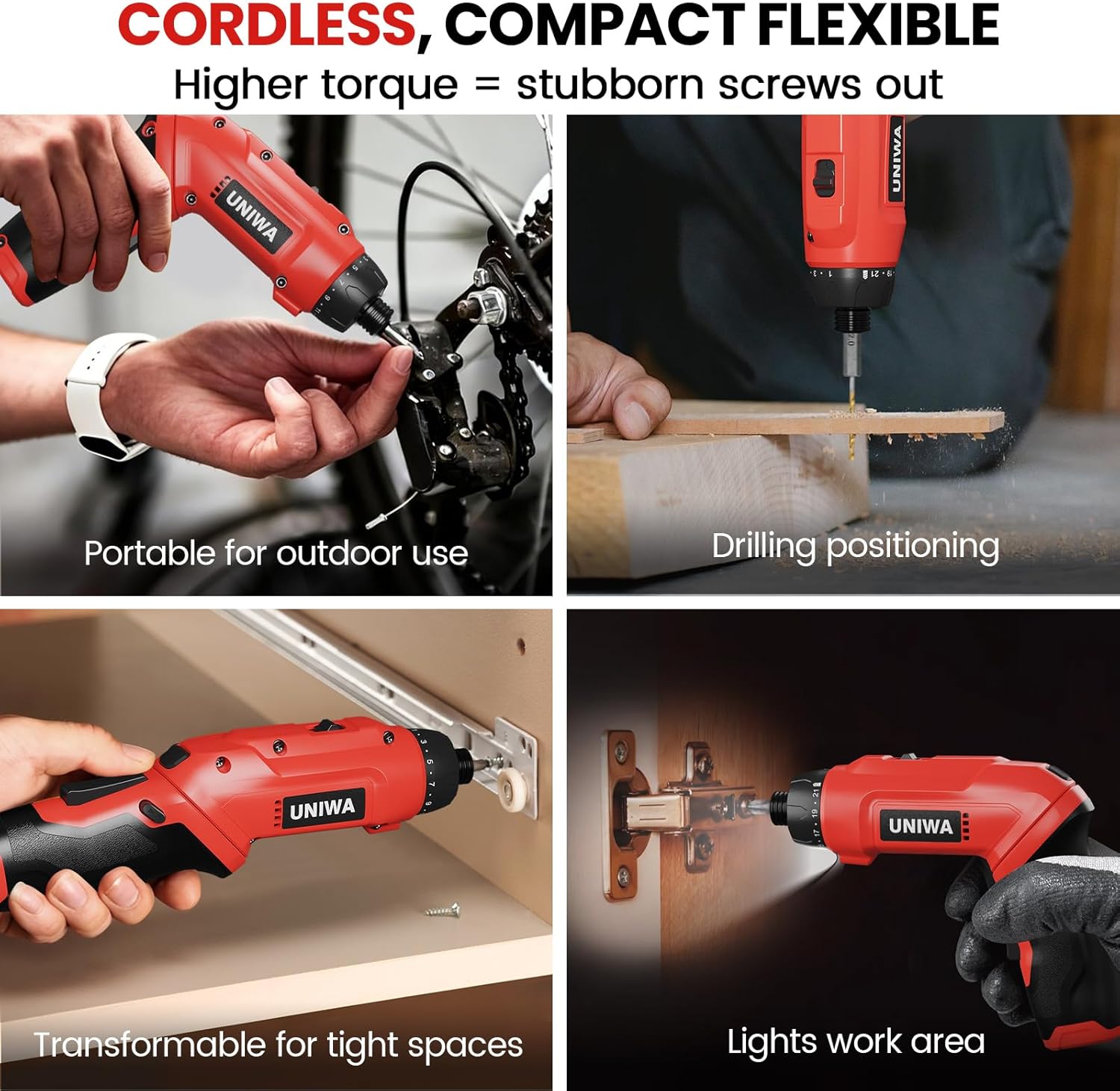 UNIWA Cordless Electric Screwdriver Rechargeable - 650 RPM Power Screwdriver Set, Cordless Drill Small Drill, Hand Drill Set, 7.1N.m, 38PCS Bits, 2000 mAh, 3.6 V Power Tools, Pivoting Handle (Red)
