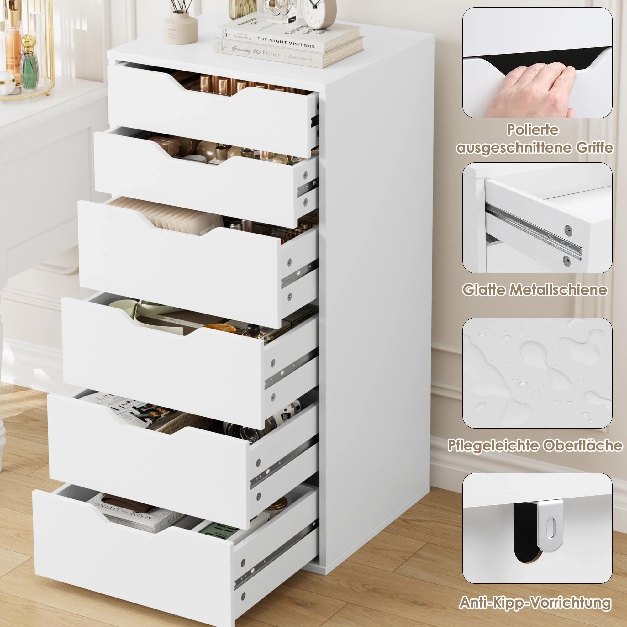 FOREHILL Kommode mit 6 Schubladen, Schubladenschrank schmal Schubladenkommode für Schalfzimmer, Wohnzimmer, Büro, Flur, 45x40x90,5 cm, weiß