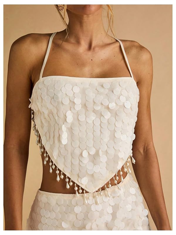 MakeMeChic Women's Sequin Beaded Fringe Halter Tops Backless Sparkly Crop by MakeMeChic - Used condition - Image 3