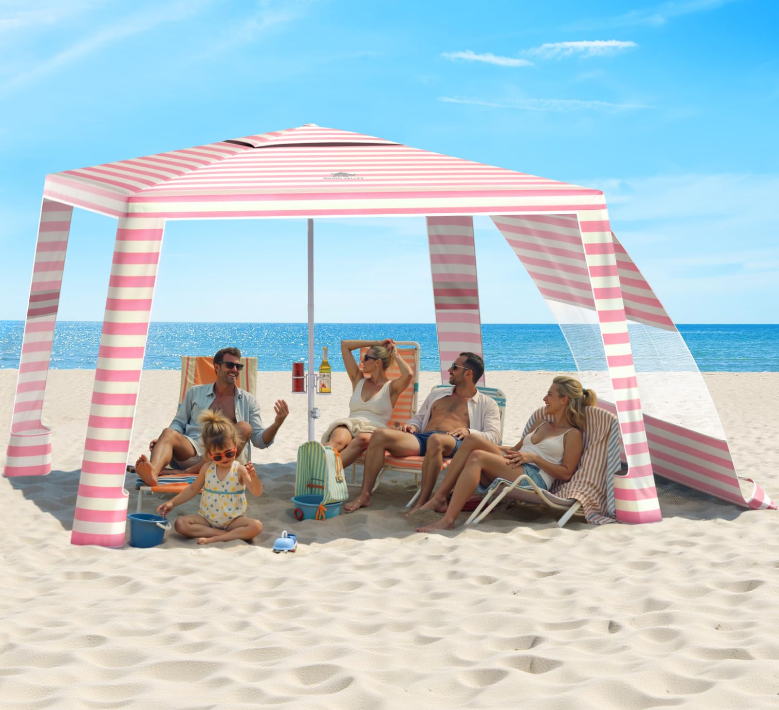 Photo 1 of Rhino Valley Beach Cabana, 8 * 8FT Beach Tent UPF50+ Protection, Easy Setup Beach Canopy Wind Resistant with Cup Holder, Compact Beach Shade Foldable Beach Tent Sun Shelter, Pink & White Stripes