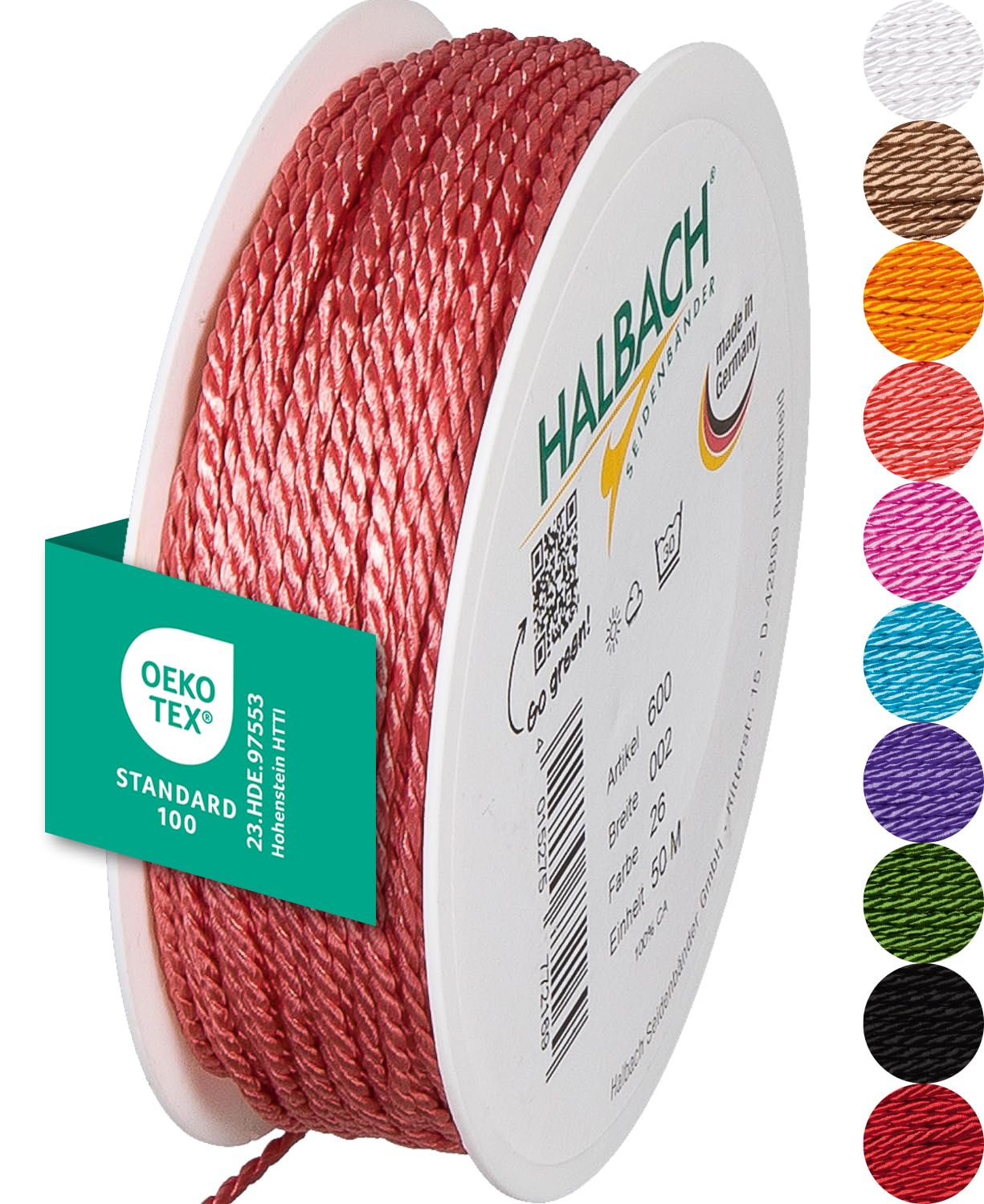 Halbach Seidenbänder Premium Kordel (Flamingo) | Breite 2mm Länge 50m | Made in Germany & Öko-Tex Zertifiziert | glänzende Satinkordel aus Acetat