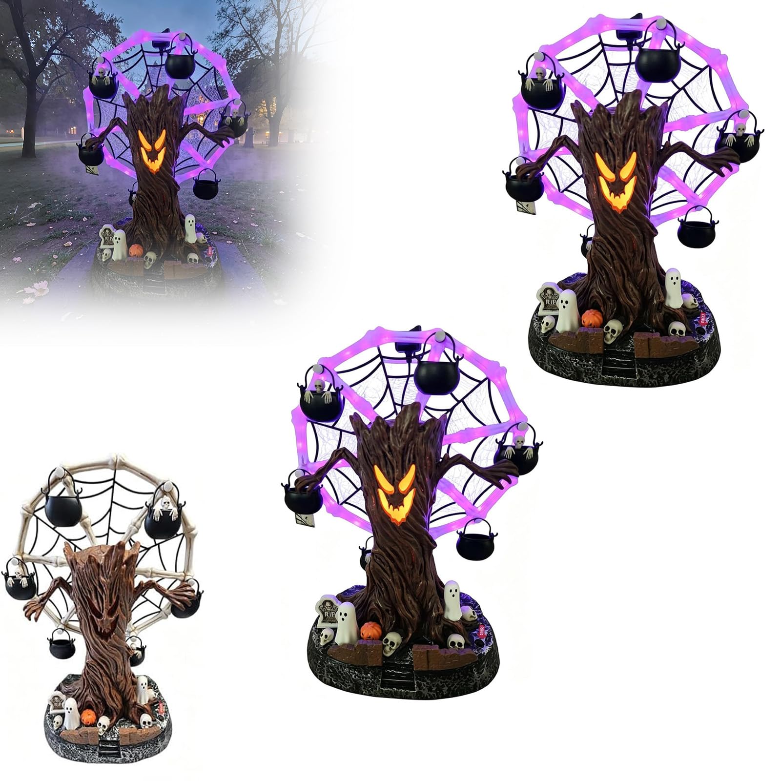 Genérico Decoración de Mesa giratoria de Halloween: Noria con árbol fantasmagórico, Figura con luz LED de Esqueleto y telaraña, árbol Fantasma Luminoso con Efectos de Sonido; luz Nocturna (2pcs)