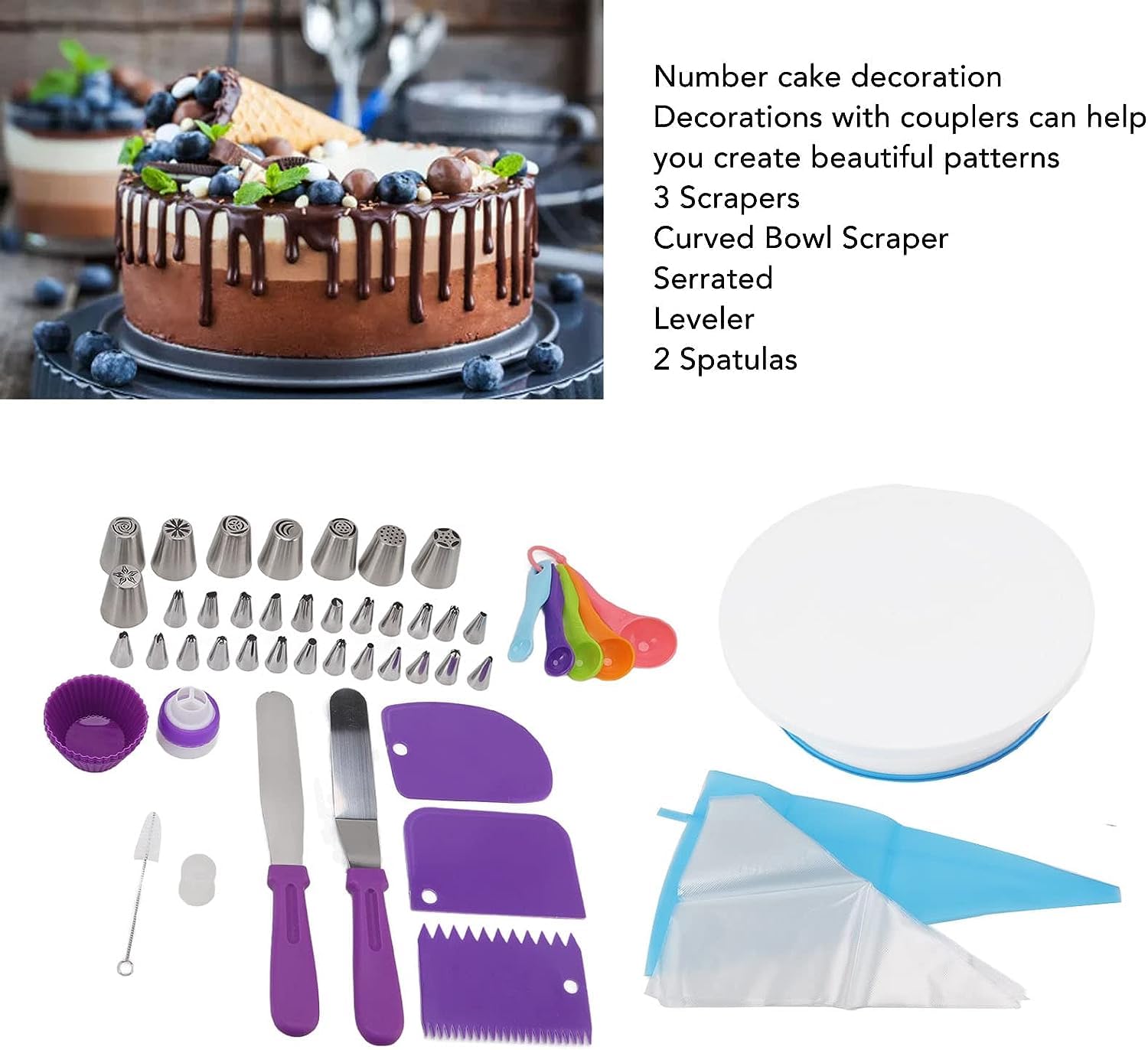 Spritztüllen Kuchen-Spritztüllen, 59 Stück, mit Kuchen-Drehteller-Schneider, Silikon-Kuchenschachtel, Kuchen-Spritztüllen mit Dekorationsbeuteln, Spritzdüsen-Set wiederverwendbar
