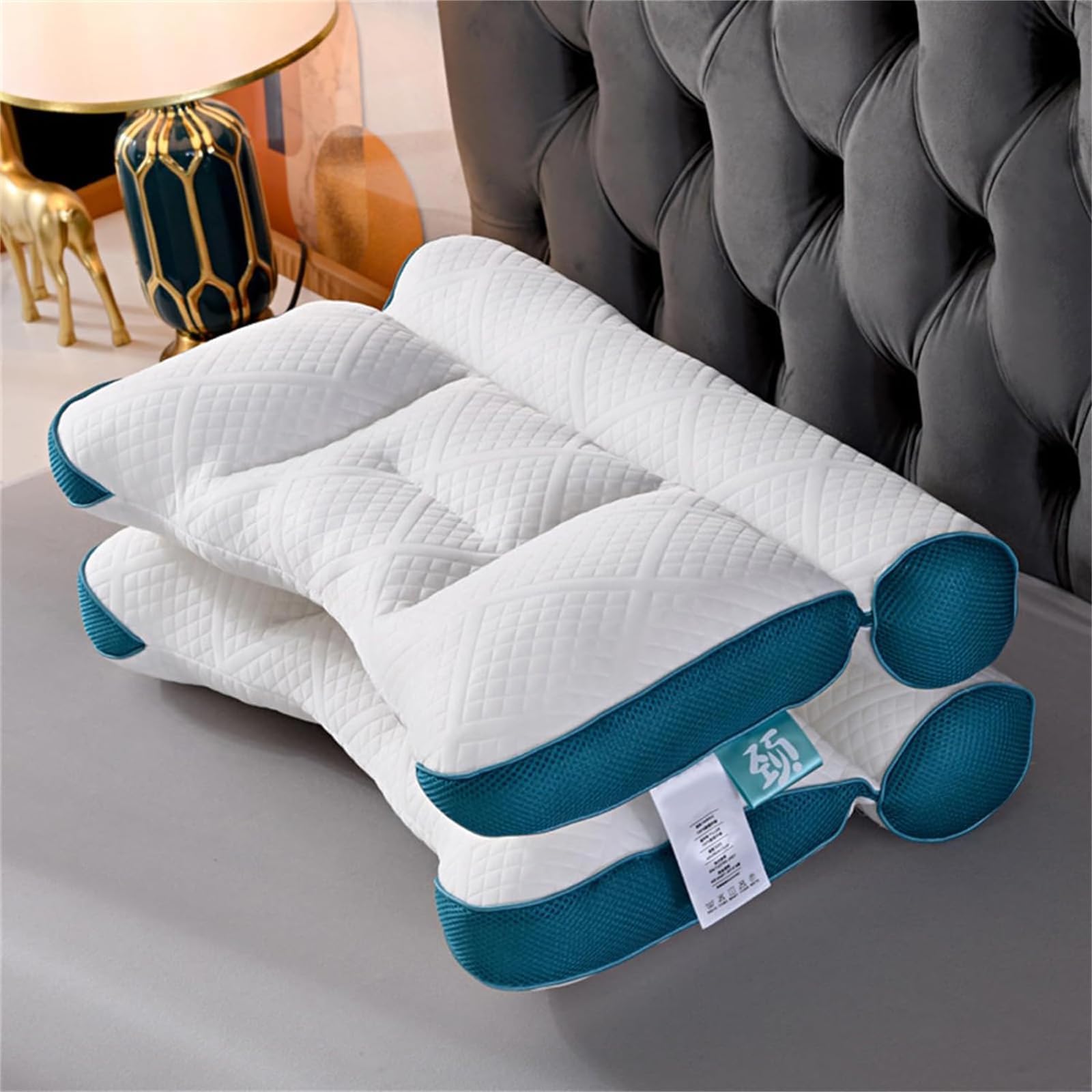 Almohada de plumón de ganso para mejorar el sueño, apoyo cervical, almohada de plumón de ganso cómoda, almohada ortopédica de contorno (2 unidades, azul)
