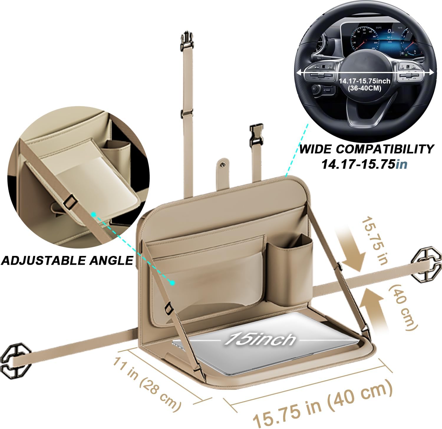 GMQ Backseat Car Organizer with Detachable Steering Wheel Tray 1 Pack,Car Back Seat Laptop Desk, Multifunctional Food Tray,Back Seat Car Storage & Tablet Holder for Kids (Beige, 1PC)