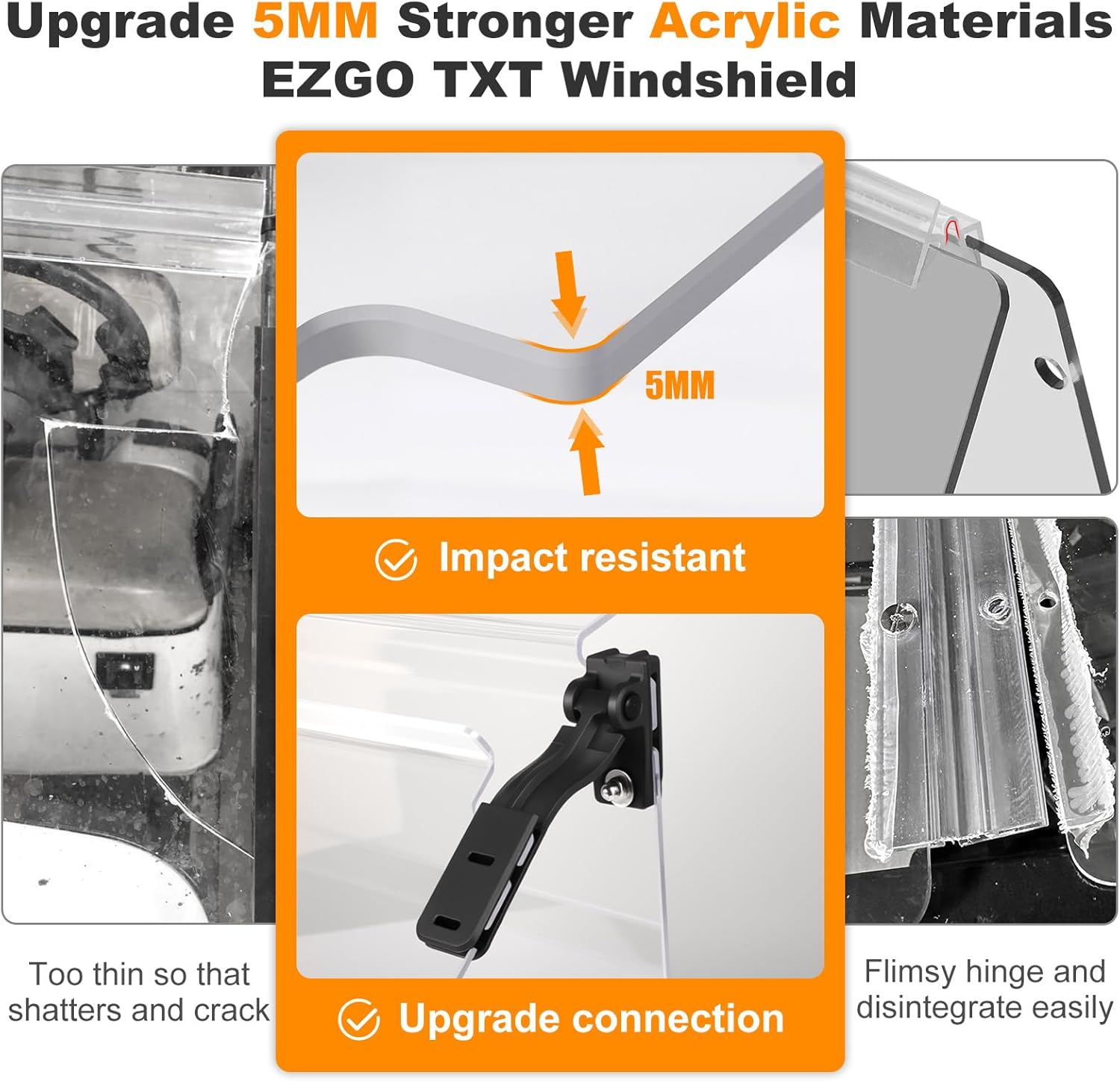 Golf Cart Windshield for EZGO TXT 1995-2013 Golf Cart, Foldable| Clear| Impact Resistant Windshield For EZGO Fit 0.75 Inch Square Strut Window Frame(Tinted)
