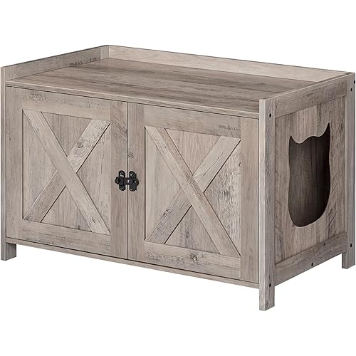ALLOSWELL Litter Box Enclosure, Hidden Cat Washroom Furniture, Cat Box Cabinet Storage Bench, Indoor Cat House with Divider, for Living Room, Bedroom, Greige CWHG8001