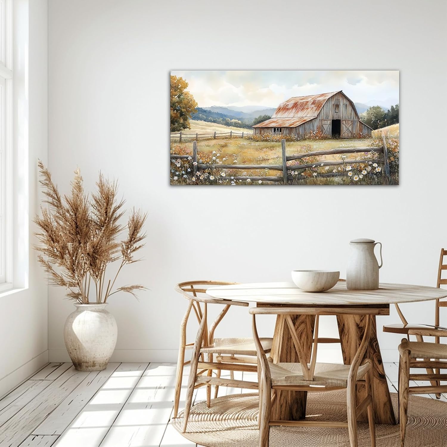 Rustic Farmhouse Wall Art Old Barn Pictures Wall Decor Country Landscape Painting Framed Artwork Countryside Home Decor for Dining Room(Artwork-2,28"x56")