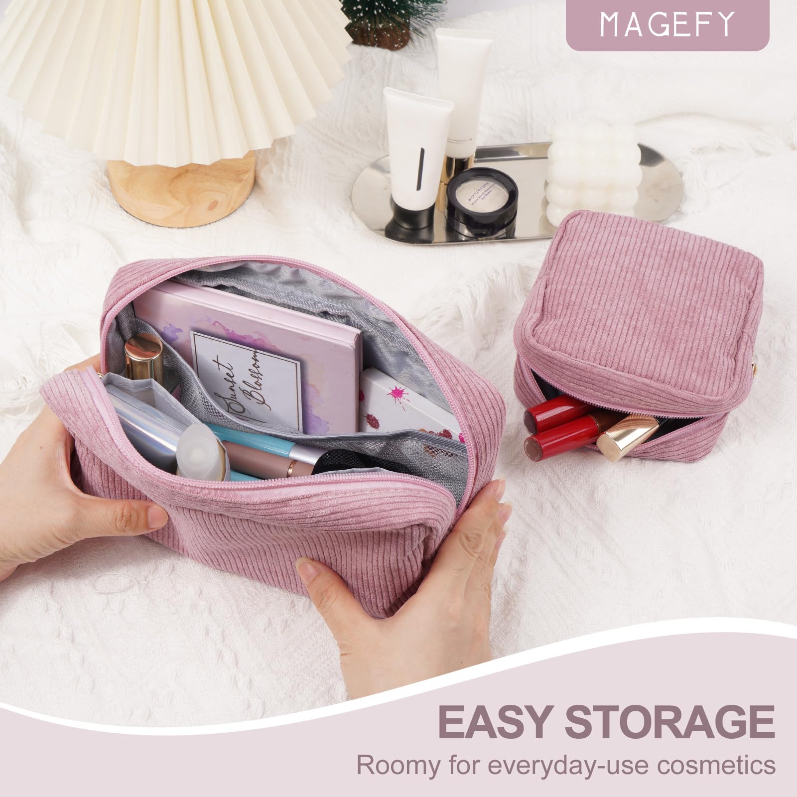 Makeup Bag MAGEFY 2 Pcs Small Makeup Bag for Handbag Corduroy Make up Bag with Compartments Travel Makeup Pouch for Women (Pink) - Image 3