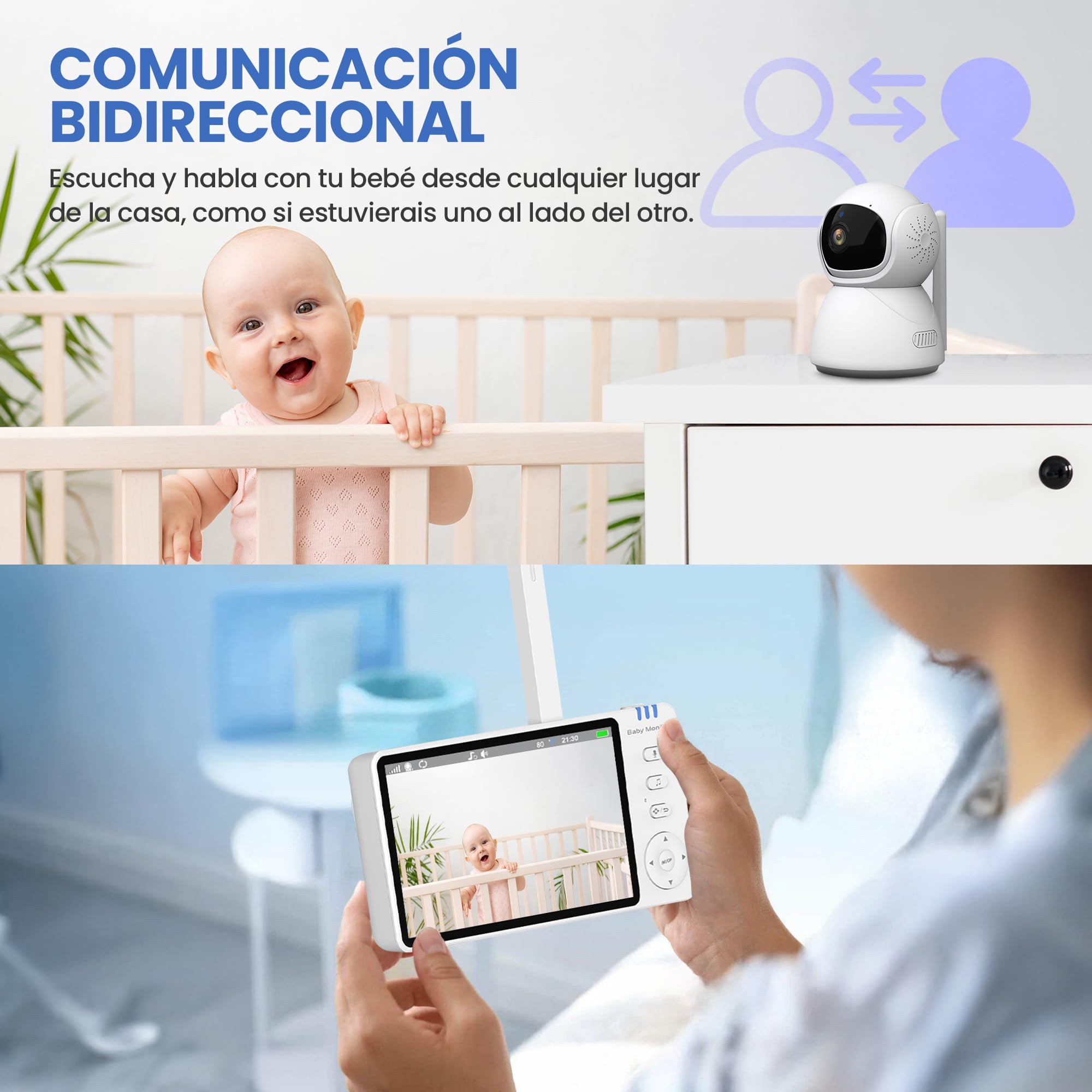 Extralink Vigilabebés con cámara sin wifi – Monitor de bebé con pantalla de 5 pulgadas, visión nocturna, audio de 2 vías, control de temperatura VOX y control de temperatura, función FHSS 2,4 GHz