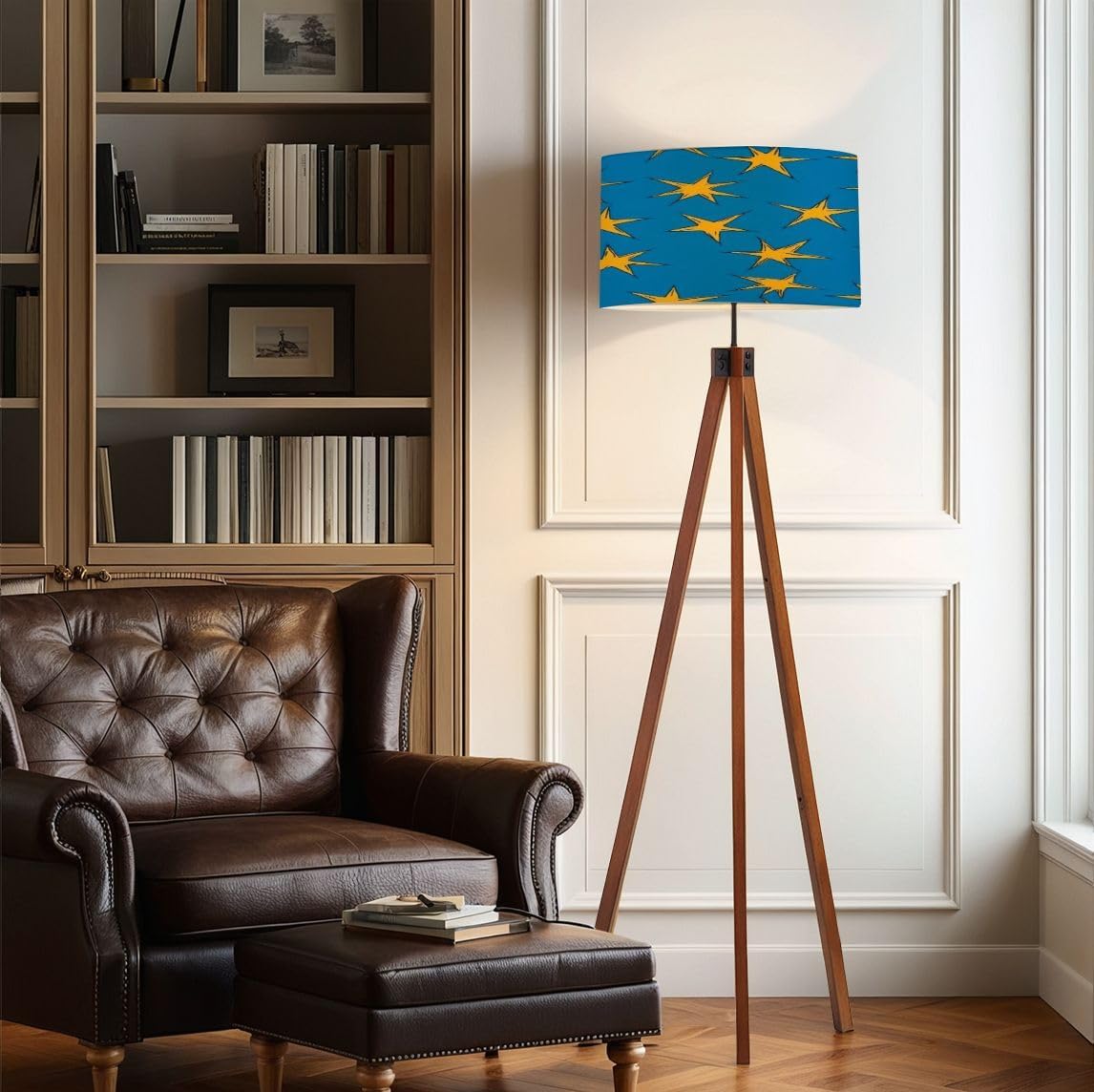 Wood Tripod Floor Lamp Vintage Seamless Pattern 50s 60s Stars Black Outlines Blue Mid Century Standing Lamp Linen Shade Dimmable Modern Tall lamp Home Decor for Living Room Bedroom Office