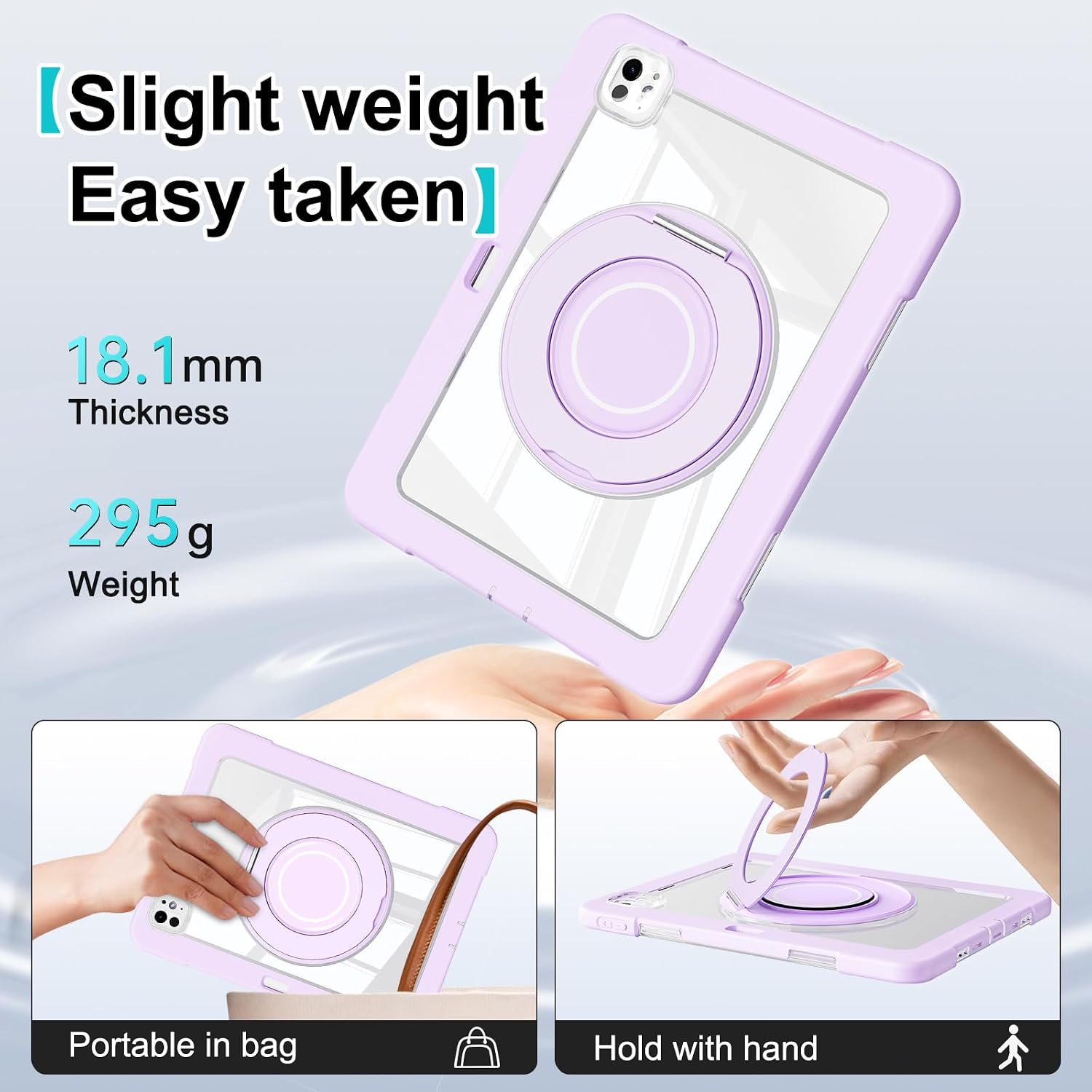 Dteck for iPad Pro 11 inch (M4/M5) 2024/2025 Release Shockproof Clear Case with Stylus Pencil Holder/Rotating Kickstand/Swivel Handle, Lightweight Protective Slim Transparent Tablet Cover, Purple