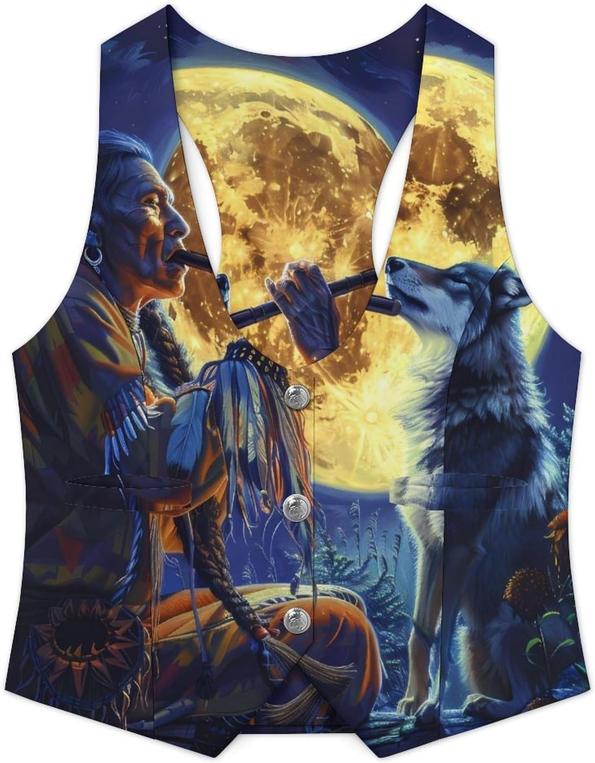 Tribal Wolf Song Native Am-ericans Women's Suit Vest V Neck Button Down Waistcoat Jacket Business Casual Tops