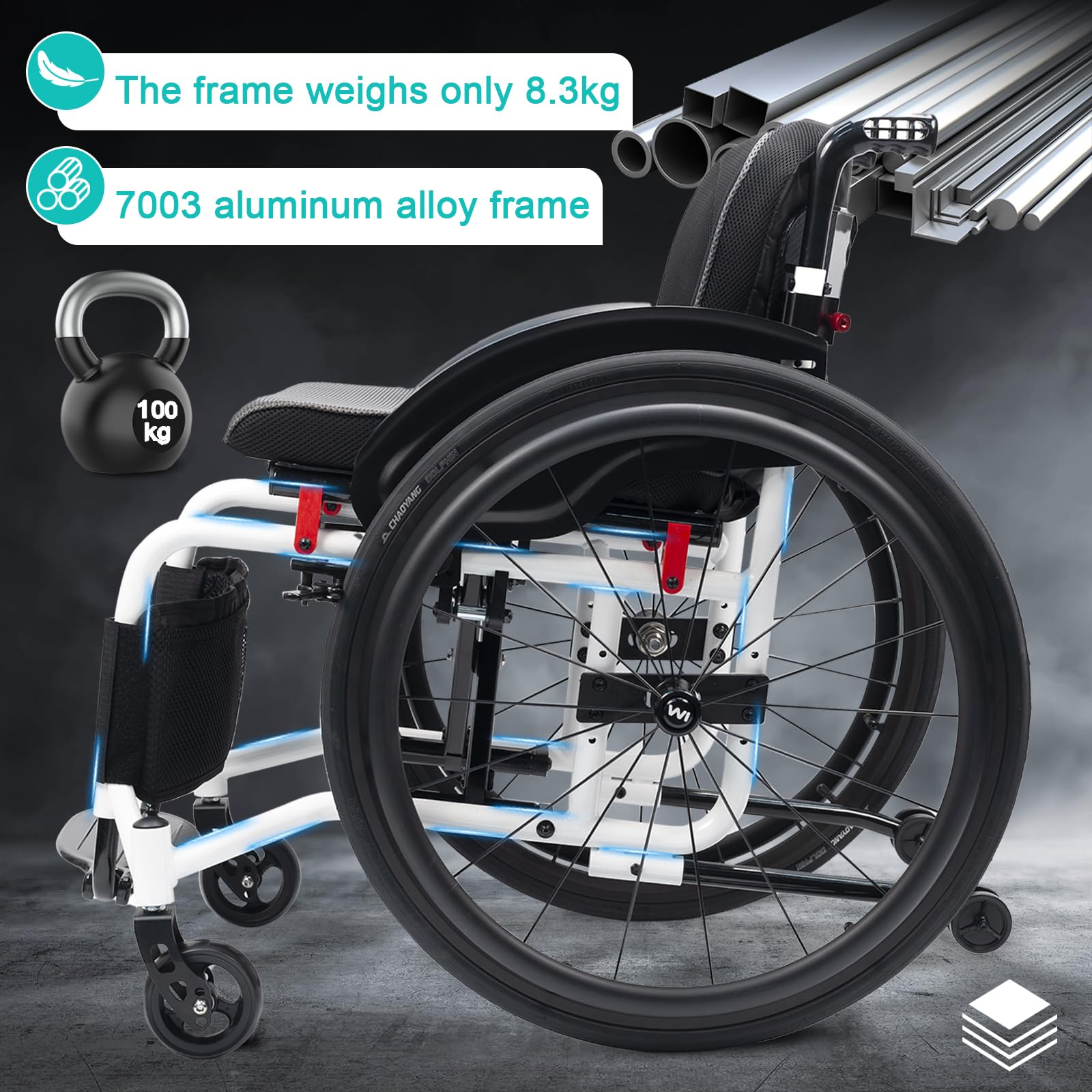 Super lekki składany wózek inwalidzki z aluminiową ramą,All-Teren Sportowy wózek inwalidzki,Samobieżne ręczne wózki inwalidzkie,Hamulec ręczny, szybkie zwolnienie(szerokość siedziska 38cm/15 cali, A)
