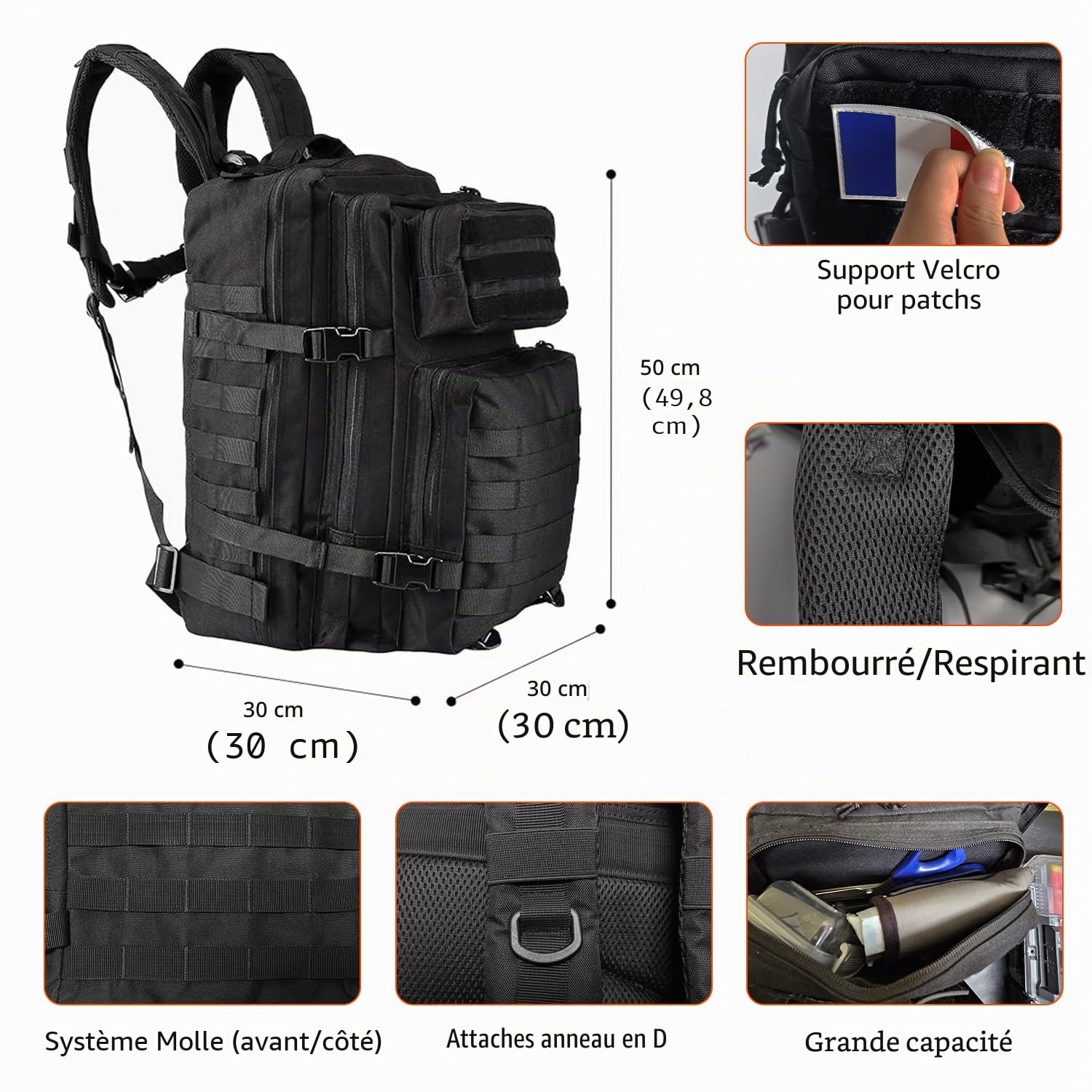 Oreunik Sac à dos Tactique Militaire 45L Sac à dos Molle Etanche Grand pack d'assaut pour le Trekking en Plein Air, le Camping, la Randonnée, etc.