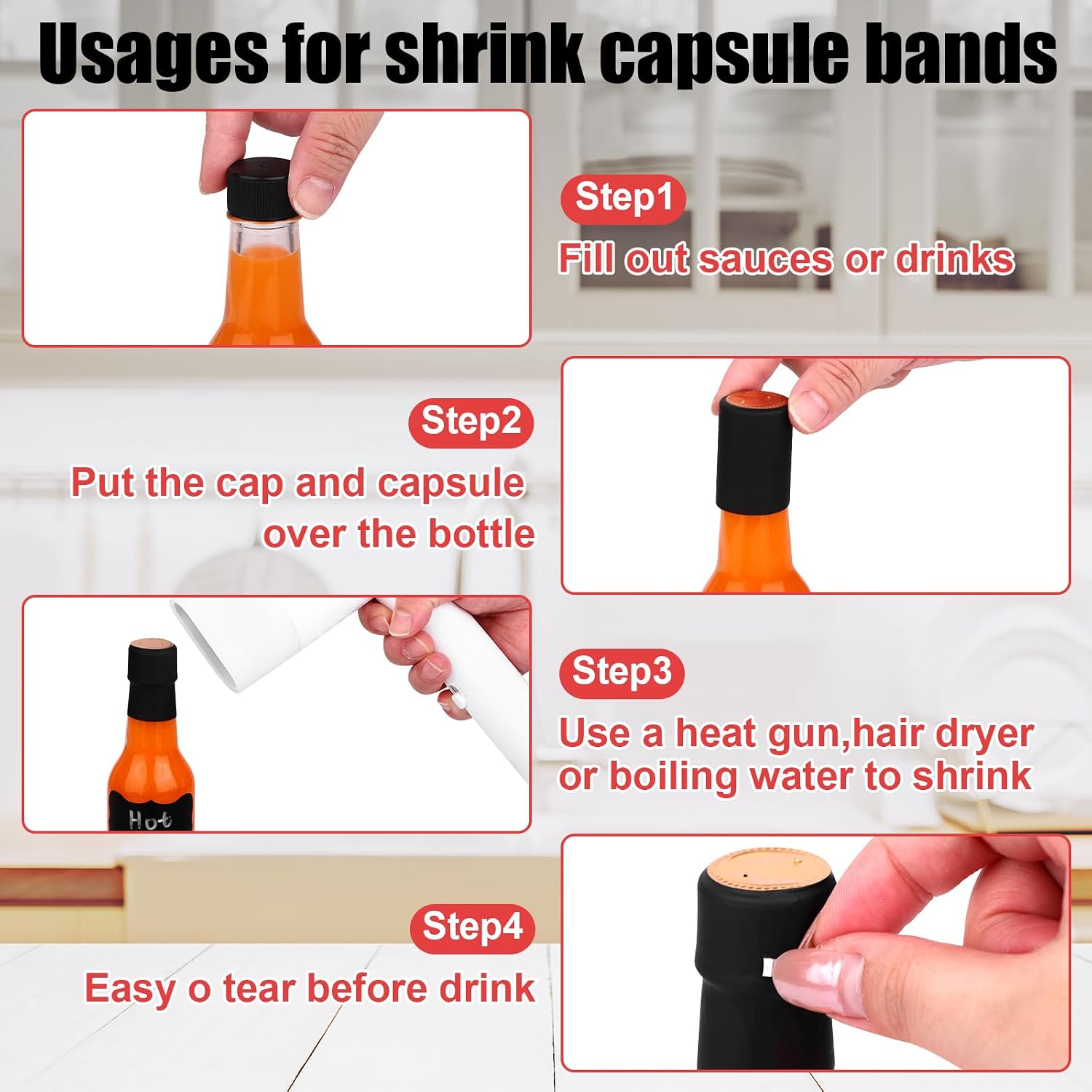 100Pack-402Pcs Leak-Proof Black Screw Caps Orifice Reducer Screw Caps Shrink Capsules Bands,Labels,Silicone Collapsible Funnel,Marker for Homemade Hot Sauce Bottles 5oz Oils DIY Crafts