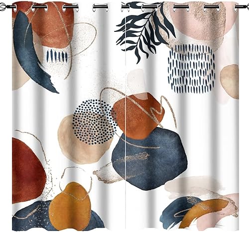 Cortinas opacas de arte abstracto y moderno para oscurecer la habitación con ojales, hojas retro de mediados de siglo, diseño bohemio geométrico