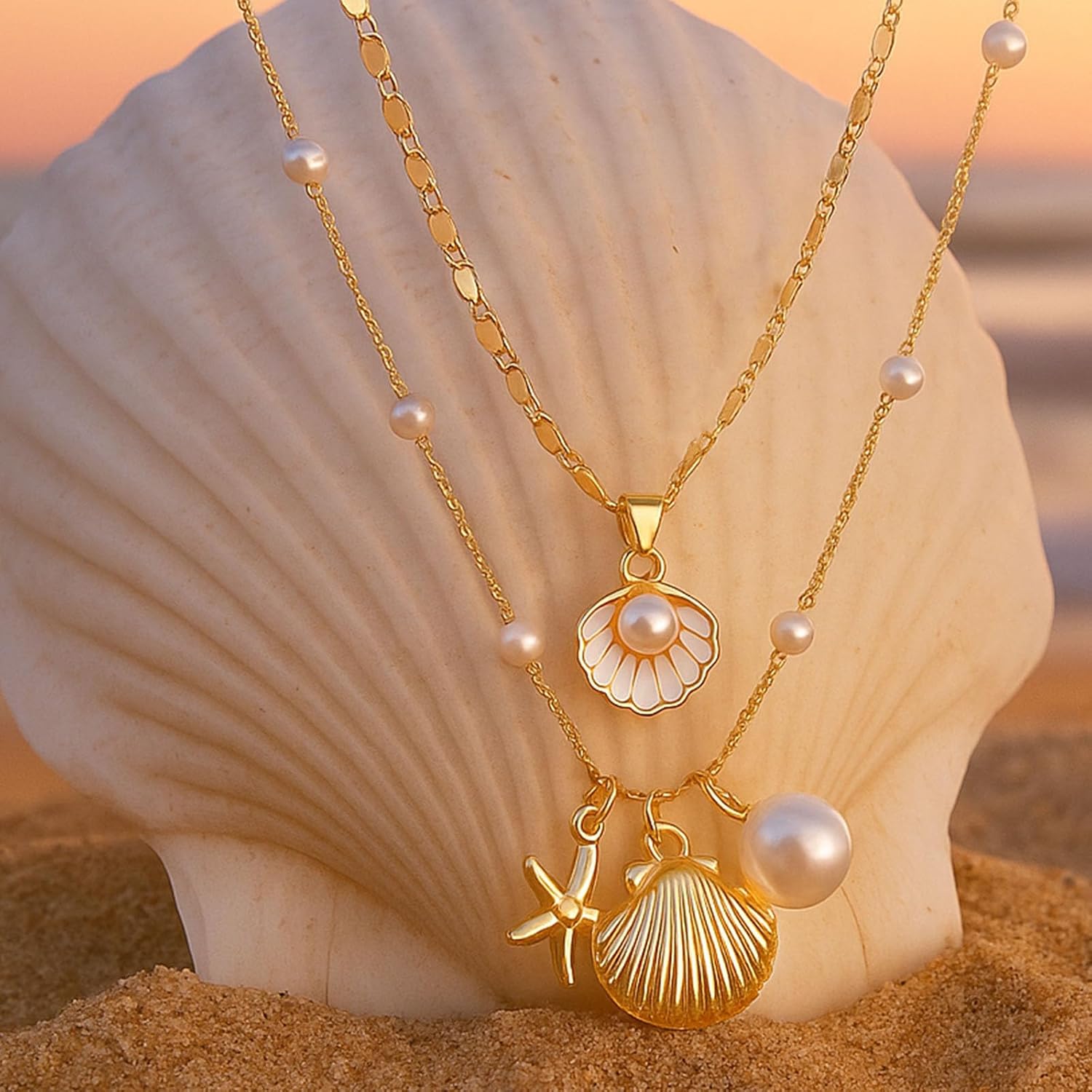 Ethereal Ocean Shell Necklace for Women, 14K Gold Layered Seashell and Starfish Choker, Beach Necklaces for Women with Pearl Accent - Image 4