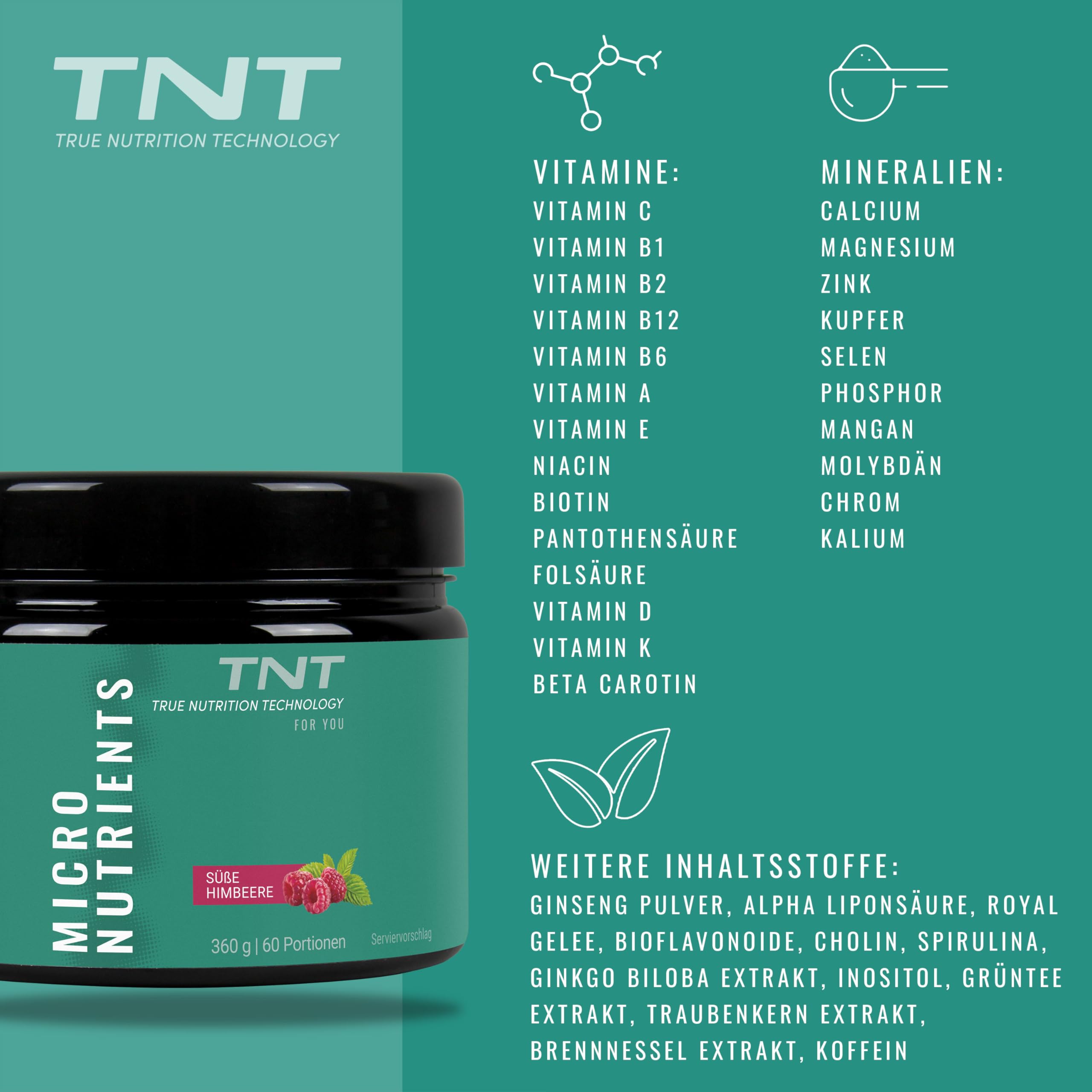 TNT Multivitamin Pulver mit 24 Vitaminen & Mineralien (360g) • Vitamin Komplex mit Grüntee Extrakt, Spirulina & Coenzym Q10 • Micronutrients (Süße Himbeere)