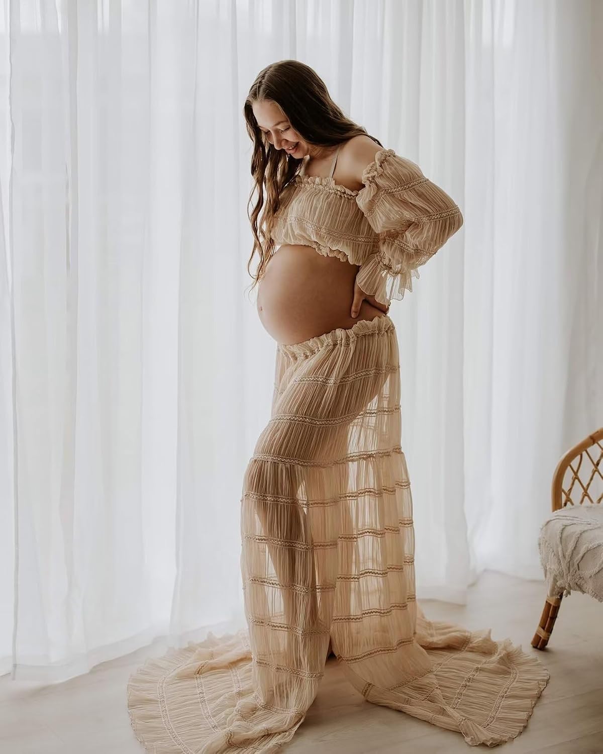 2 Piece Maternity Dresses for Photoshoot Boho Long Sleeves Laces Off Shoulder Photography Pregnancy Dress Ivory L