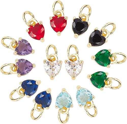 PH PandaHall 14 colgantes de circonita cúbica, 7 colores, dije pequeño chapado en oro de 18 quilates con anillo de salto para aretes, pulseras,