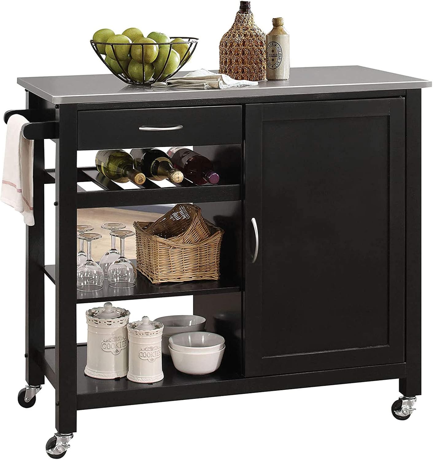 AIZYR Kitchen Island on Wheels - Rolling Kitchen Island Cart with Wood Top, Storage Wine Shelf, Cabinet, Handle Rack Drawer,White