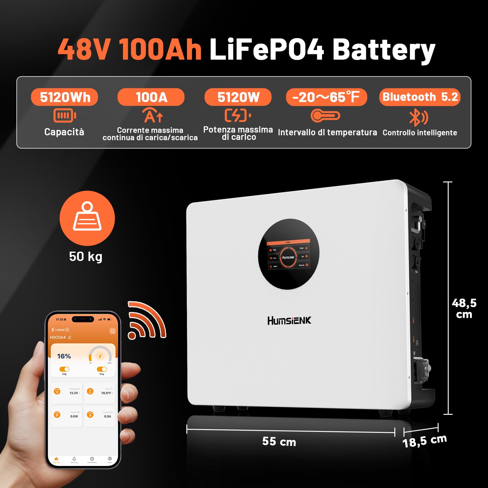 Humsienk Bluetooth Batteria LiFePO4 48V 100Ah da parete con BMS 100A e display LCD, 5120Wh batteria accumulo fotovoltaico oltre 15000 cicli e 10 anni di vita, per sistema solare, energia di riserva