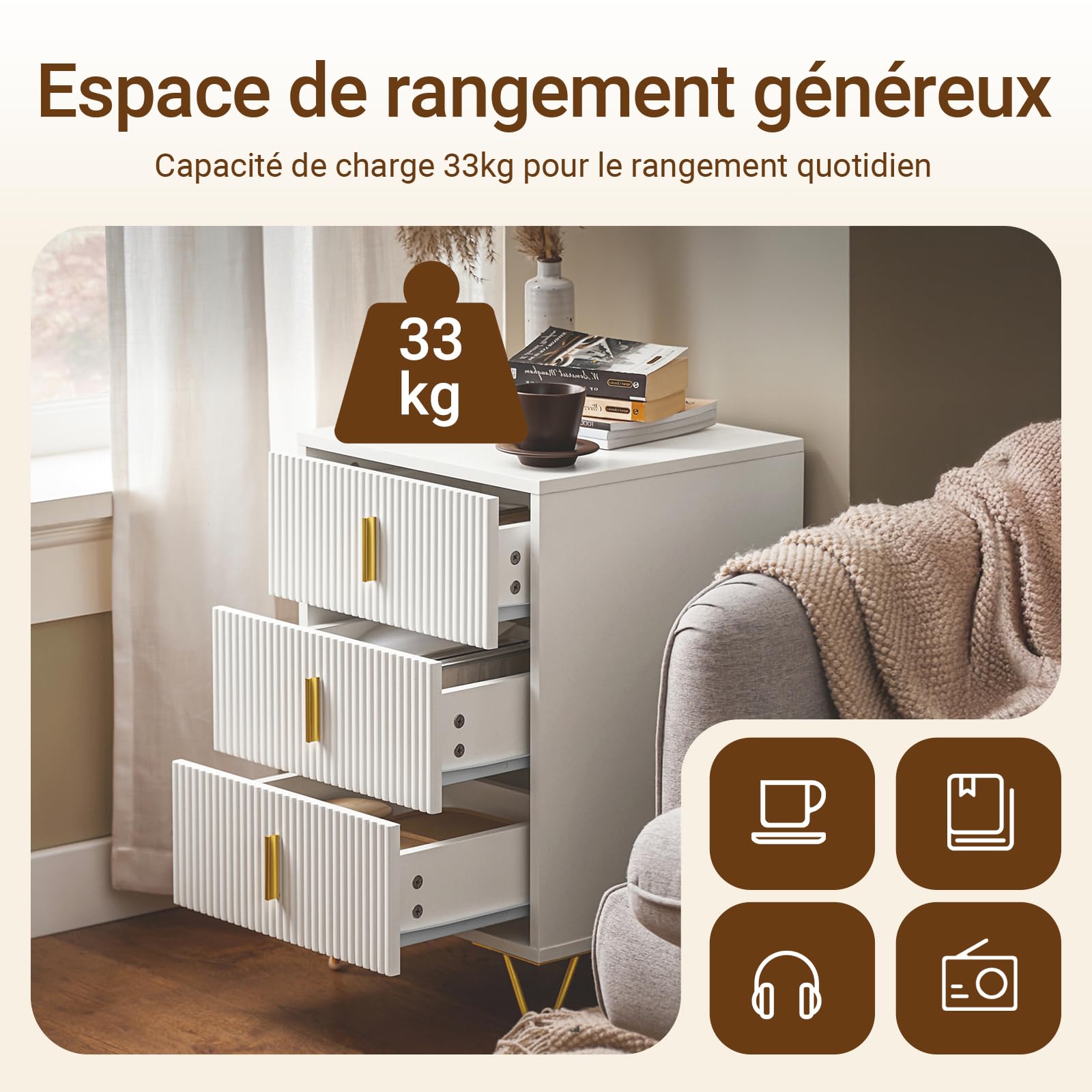 SoBuy Lot de 2 Tables de Chevet avec 3 tiroirs 40x40x63 cm | Hauteur ergonomique 63 cm, charge 33 kg, table de nuit gain de place Blanc FBT115-L-Wx2