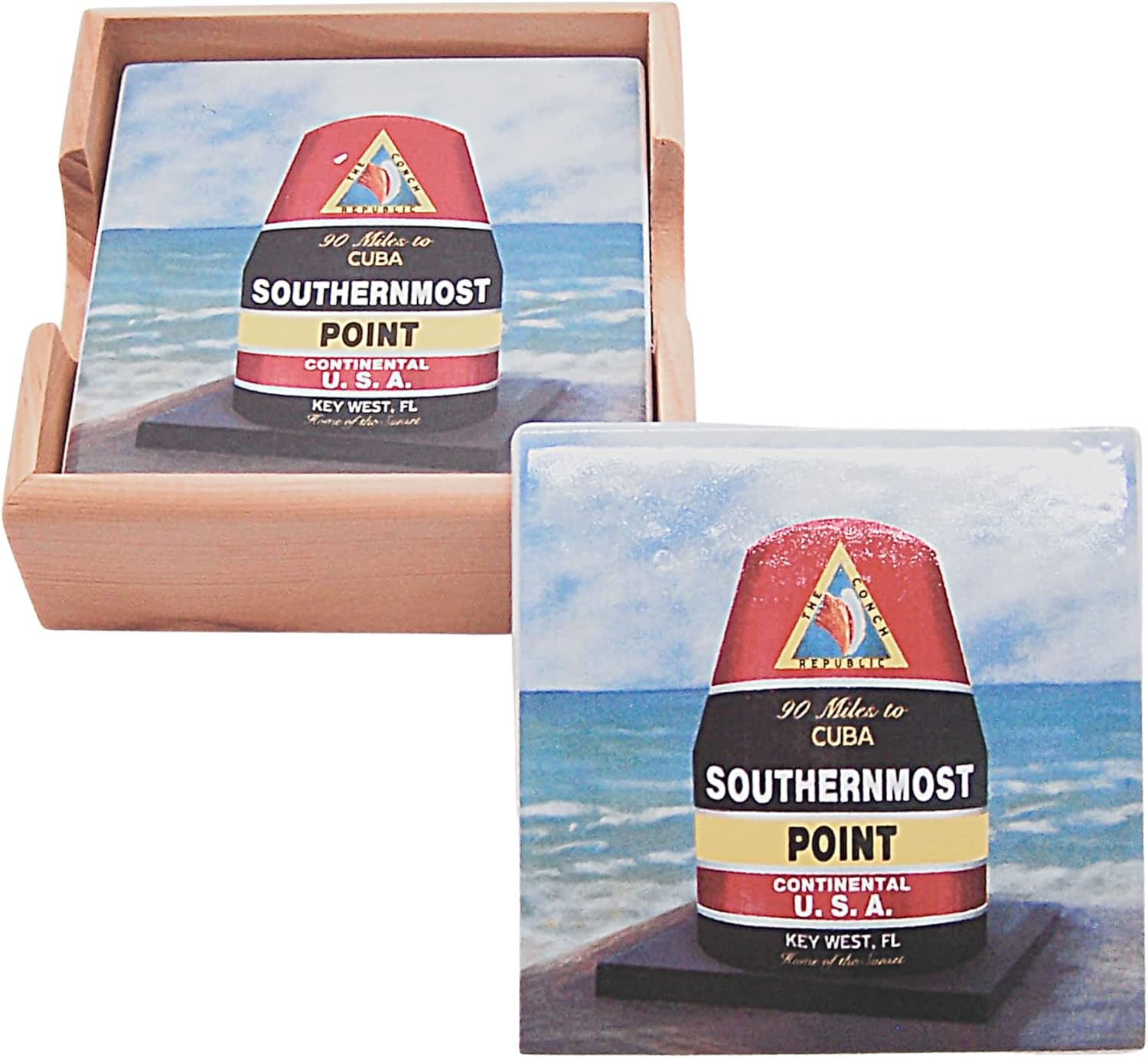 Southern Most Point Coaster Set with Wooden Coaster Holder, Nautical Kitchen & Bar Decor, Set of 4 Coasters, 4.25 Inches - Image 2