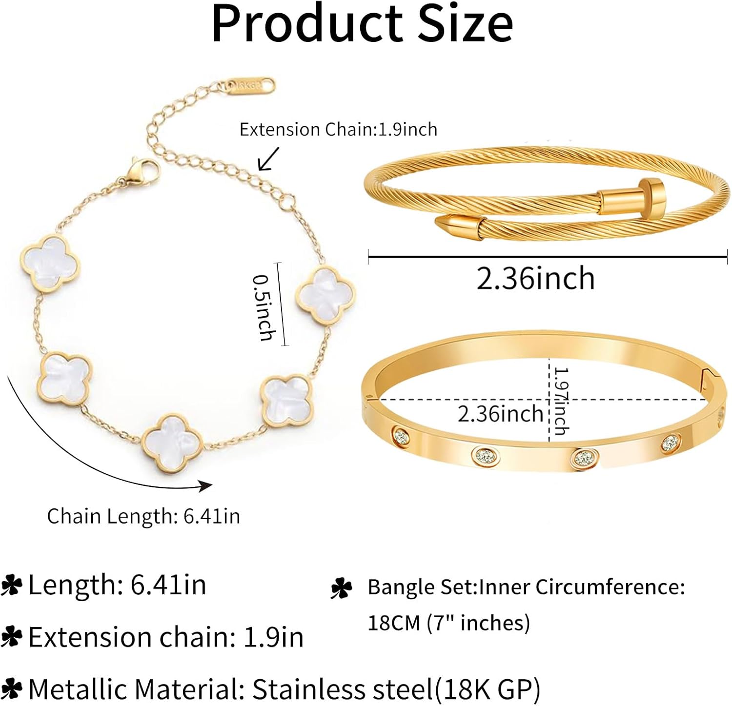 18K Gold Plated Four Leaf Clover Bracelet Bangle Set for Women Stack Bracelets Stainless Steel Bangle Set for Love Trendy Jewelry Gifts for Women (3 Sets(Bracelet,2Bangle)) - Image 2