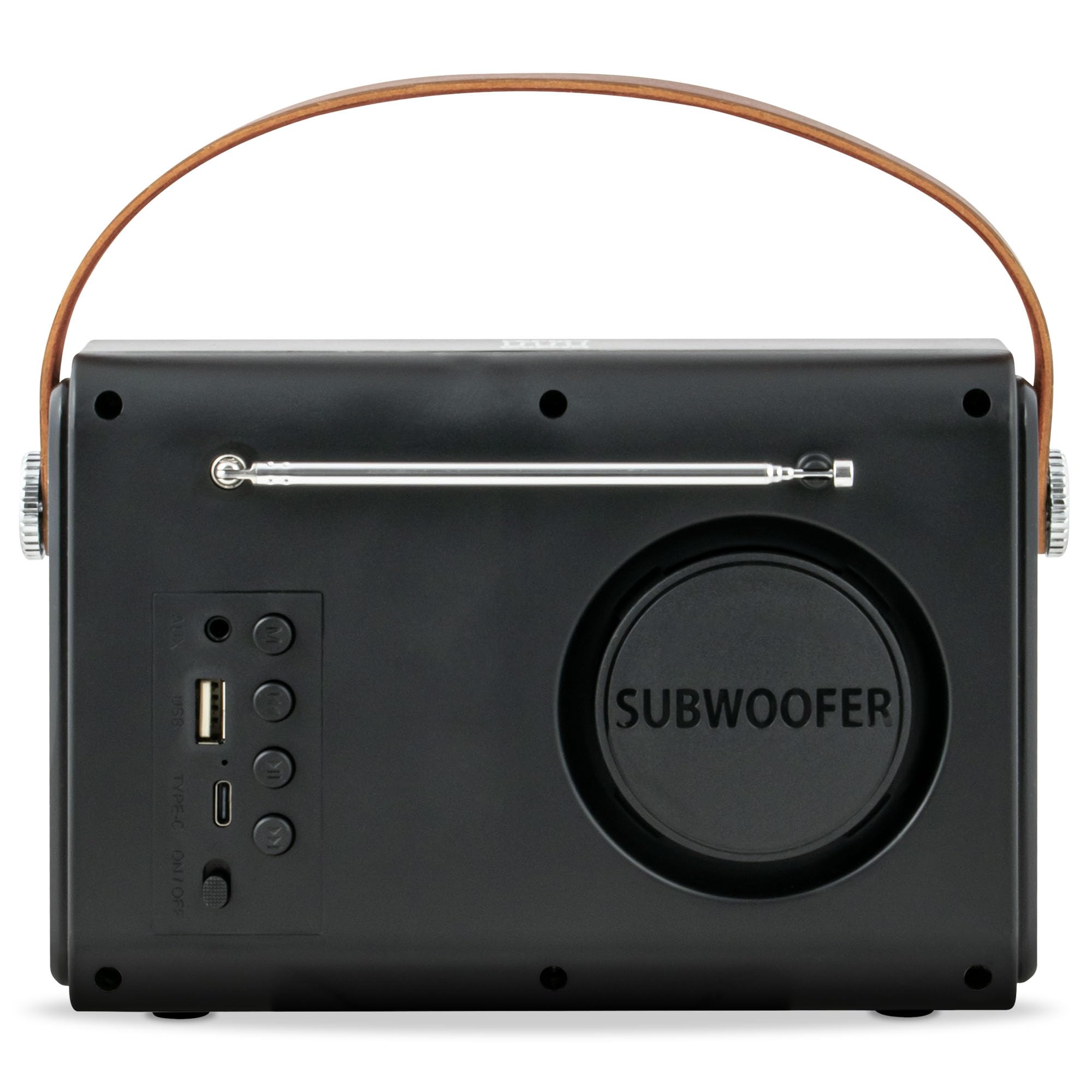 EM 1005 Schwarz, Retro Radio mit Bluetooth 5.3, Tragbares FM UKW-Radio, Vintage Design mit Ledergriff, Teleskopantenne, USB-C wiederaufladbar, USB/AUX Musikbox Nostalgie Geschenk
