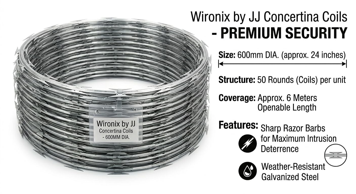 WIRONIX BY JJ Concertina Coils 600 MM Dia for boundry Wall and Property Safety Fencing Wires for Security Use in Border Security | Openable 6 Meters Approx. 50 Rounds