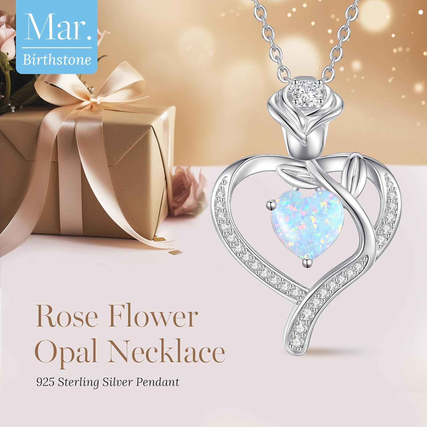 LOUISA SECRET Rose Flower Heart Birthstone Necklaces for Women, 925 Sterling Silver Fine Jewelry, Pendant Heart Necklaces Birthday Anniversary Christmas Gift for Women Wife Mom Girlfriend Lady - Image 4