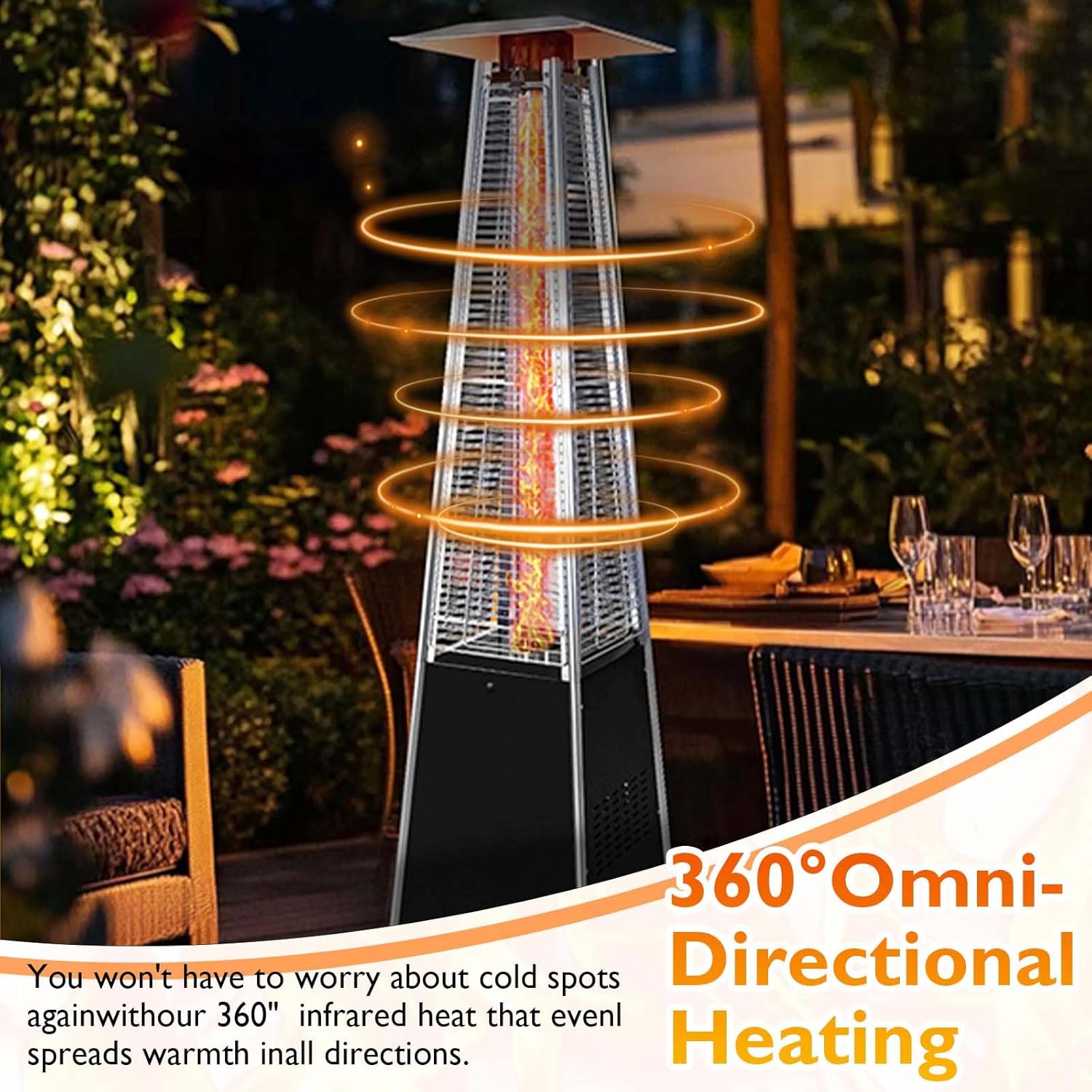 48,000 BTU Propane Patio Heater with Wheels, Quartz Glass Tube Pyramid Design, Includes Cover - Perfect for Parties, Backyard, Garden, Poolside, Commercial & Residential Use (Black)