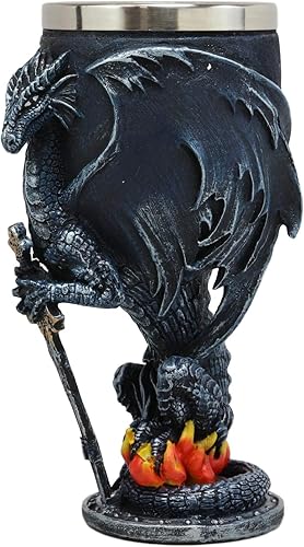 Miniatura 7 de Ebros - Dragón alado de fuego divino azul celestial con espada Excalibur, copa de cáliz de vino, capacidad de 7 onzas, resina con forro de acero