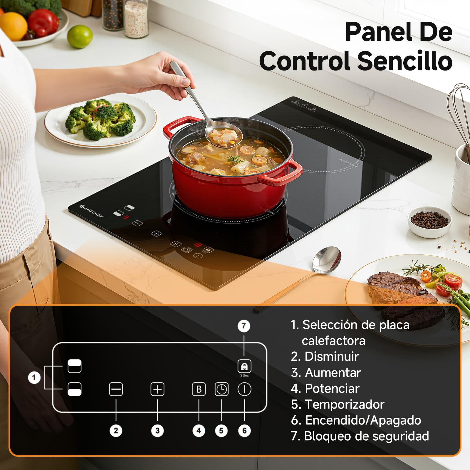 AMZCHEF placa induccion 2 fuegos con calentamiento continuo, 10 niveles de potencia y Boost, bloqueo de seguridad y temporizador, protección contra sobrecalentamiento, empotrable/portátil, 3700W
