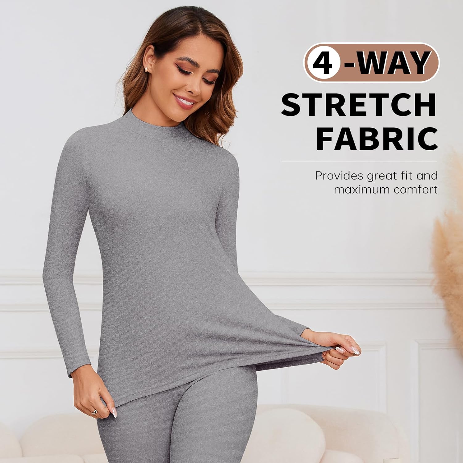 WOWENY Mock Neck Thermal Underwear Set For Women Long Johns Base Layer Fleece Lined Top And Bottom Cold Weather - Image 5