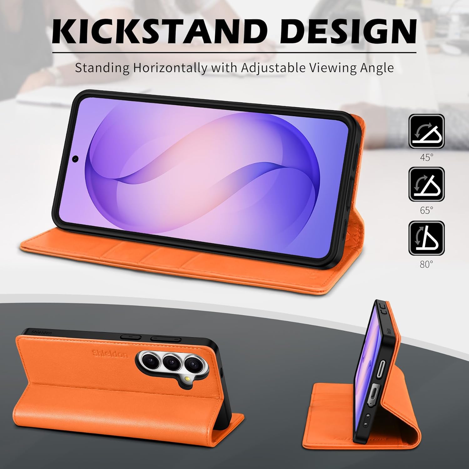 SHIELDON Case for Galaxy S26 Plus 5G, Genuine Leather Folio Wallet with Kickstand RFID Blocking Credit Card Holder, Magnetic Shock Absorbing Cover Compatible with Galaxy S26+ 6.7" 2026 - Orange