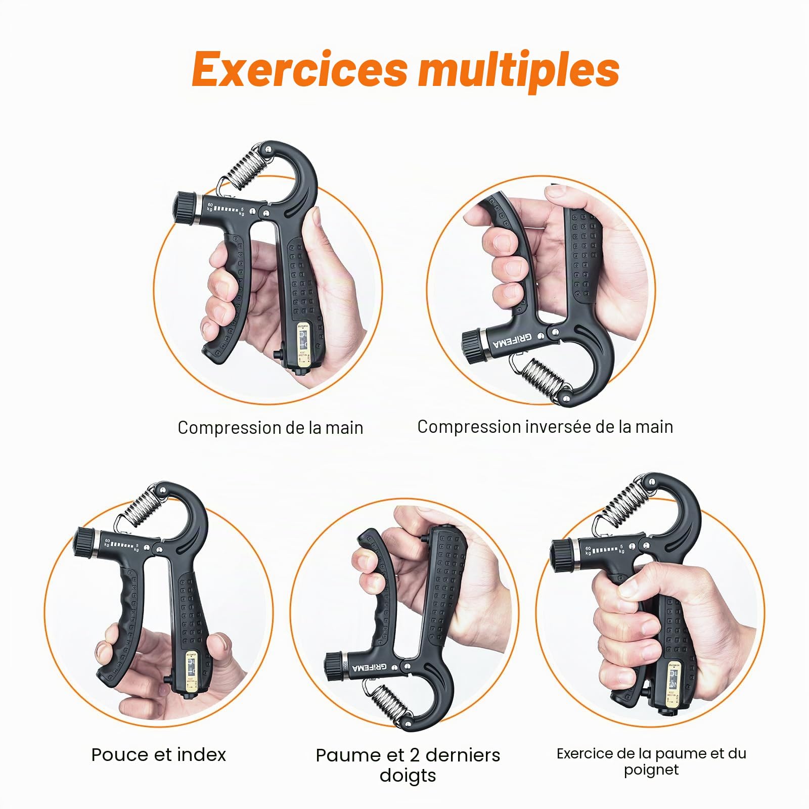 GRIFEMA GA5003, Hand Grip, Grip Musculation avec Compteur, Résistance Réglable 5-60kg, pour Athlètes et Exercices de Récupération de la Main, Noir
