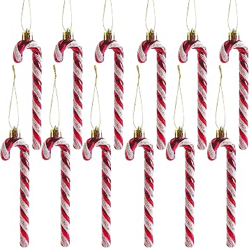12pcs Plastic Christmas Glitter Candy Cane Ornaments Candy Canes Decorations Christmas Tree Hanging Decorations for Xmas Crafts Indoor Outdoor Decor Red