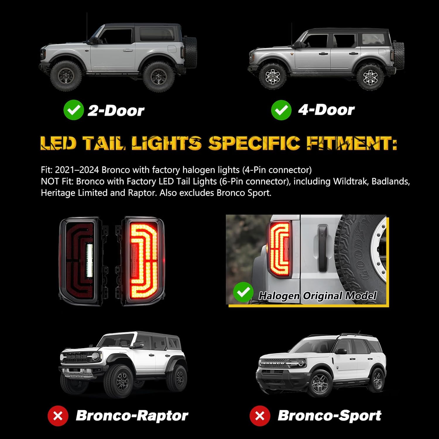 FIERYRED Upgraded LED Tail Lights for Ford Bronco Accessories 2024 2023 2022 2021 2/4 Door, Taillights Replacement with Plug & Play Design, Only Fit for Halogen Original Bronco Accessories