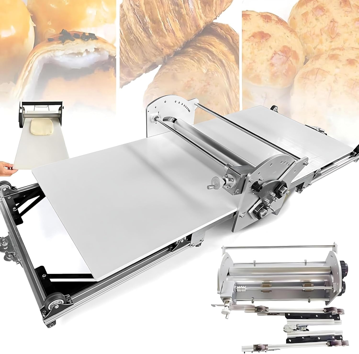 Laminadora de masa eléctrica comercial, plegable de 22,7" | Con espesor ajustable de 2-30 mm, laminador de masa de acero inoxidable for croissant, pastel, hojaldre uso doméstico