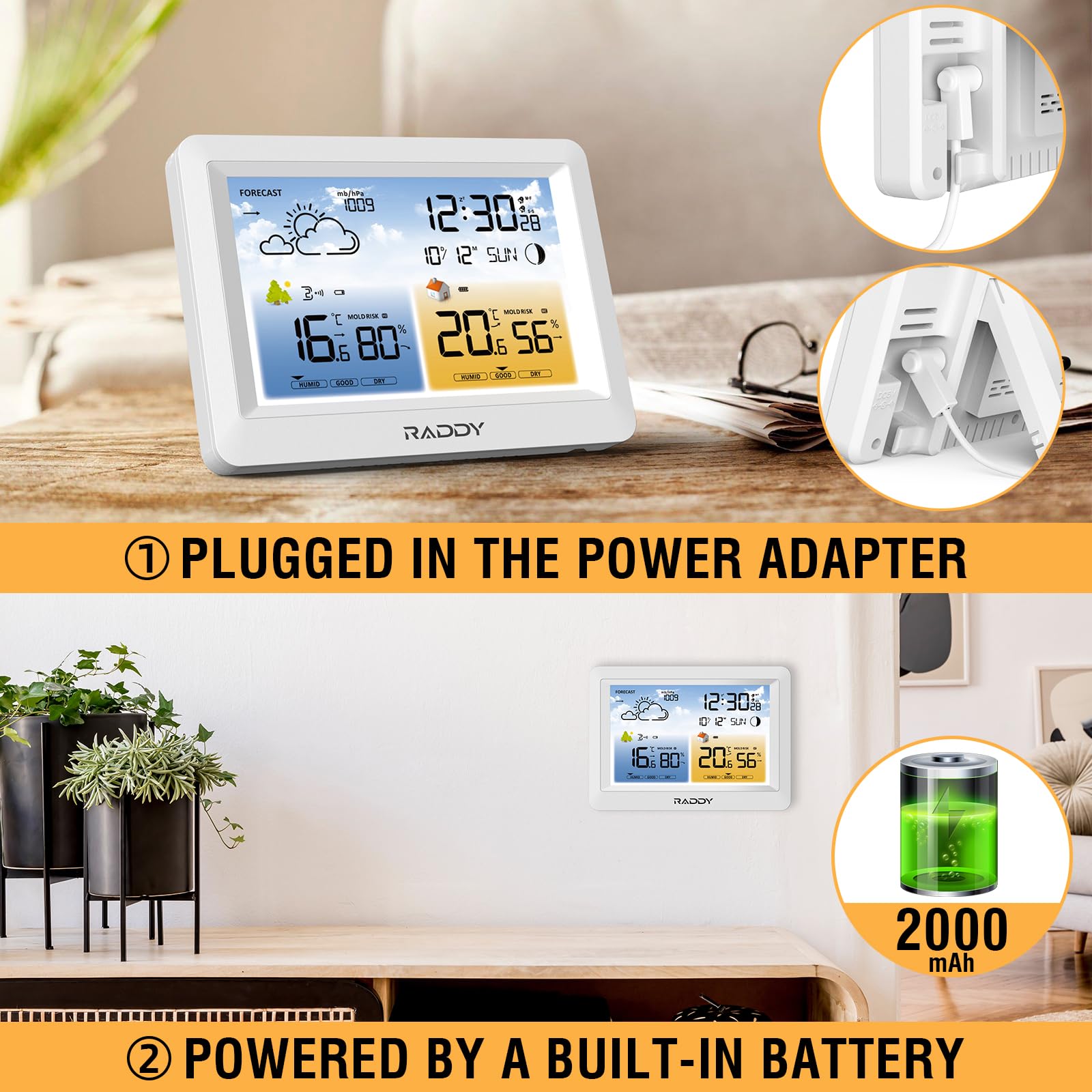 Stazione meteorologica wireless Raddy WM6 con sensore remoto, batteria integrata da 2000 mAh, barometro, orologio DCF, previsioni meteo, avviso rischio muffa, display a colori per interni ed esterni